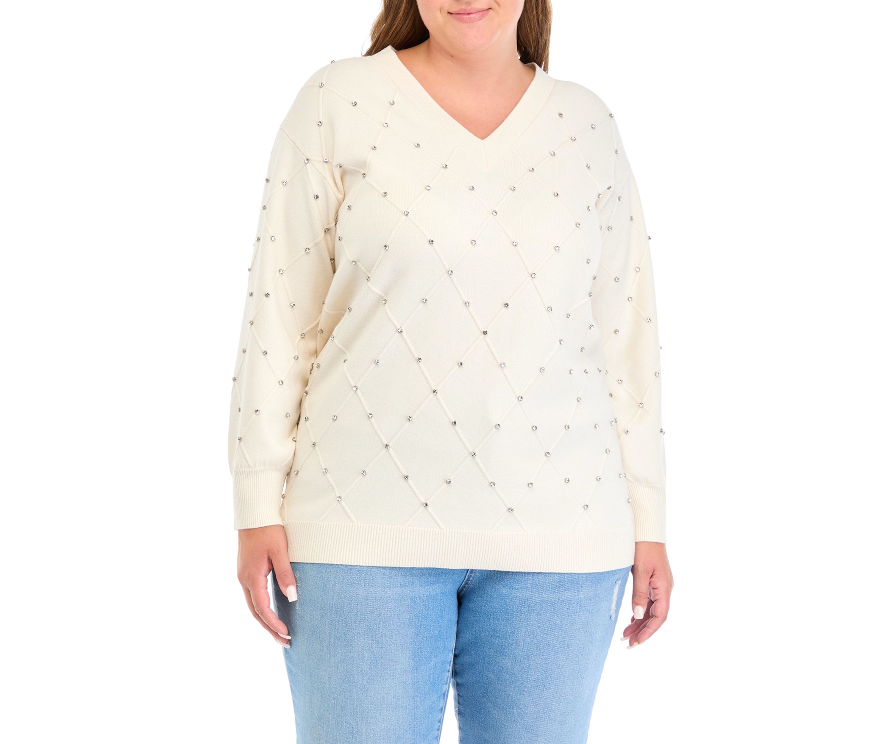Plus Size Embellished Diamond Stitch V-Neck Sweater 