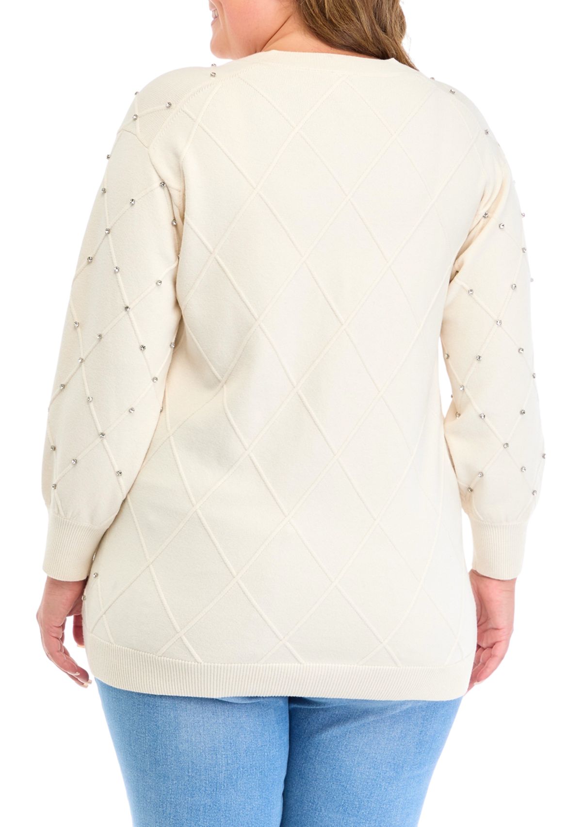 Plus Size Embellished Diamond Stitch V-Neck Sweater 