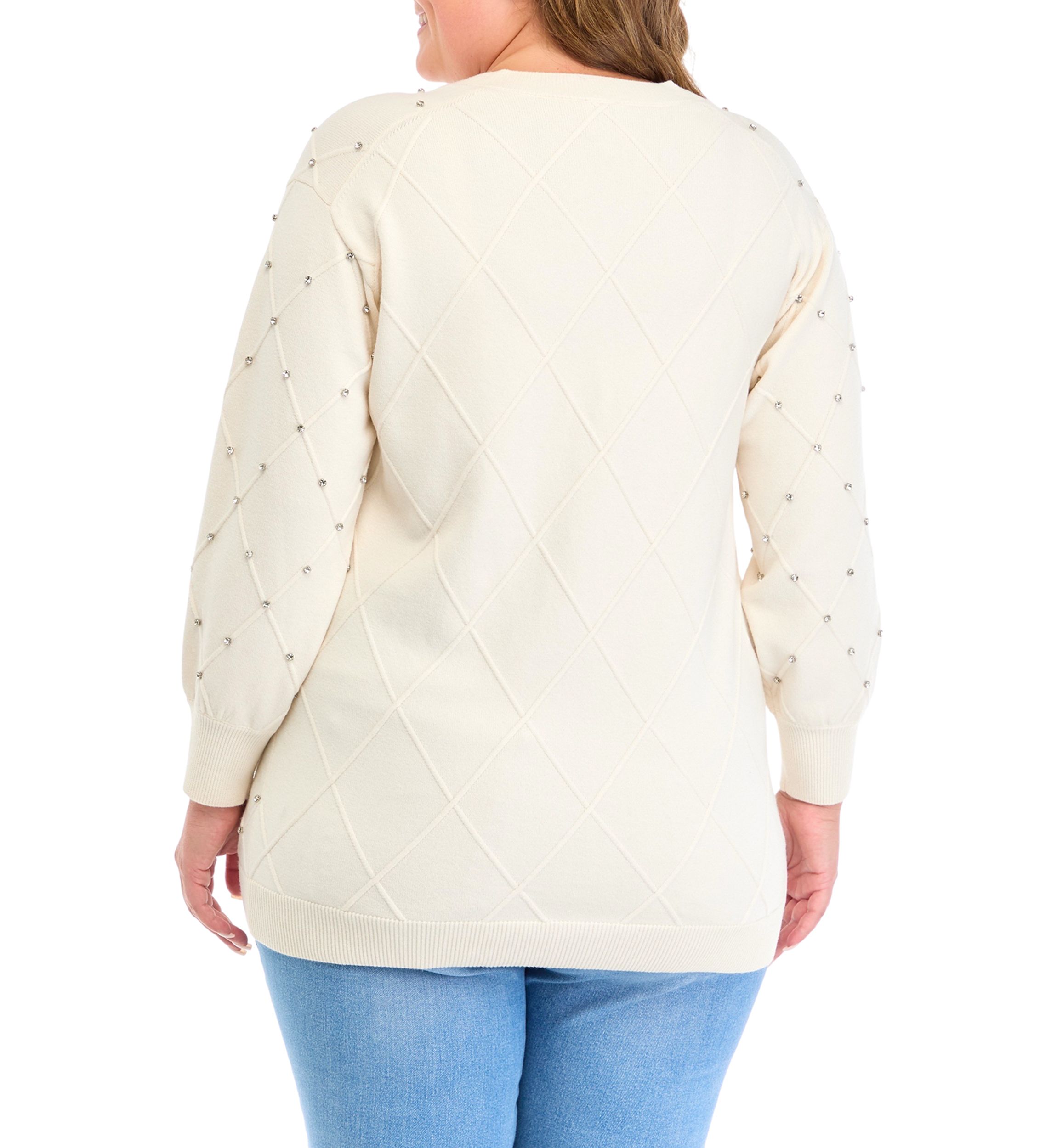 Plus Size Embellished Diamond Stitch V-Neck Sweater 