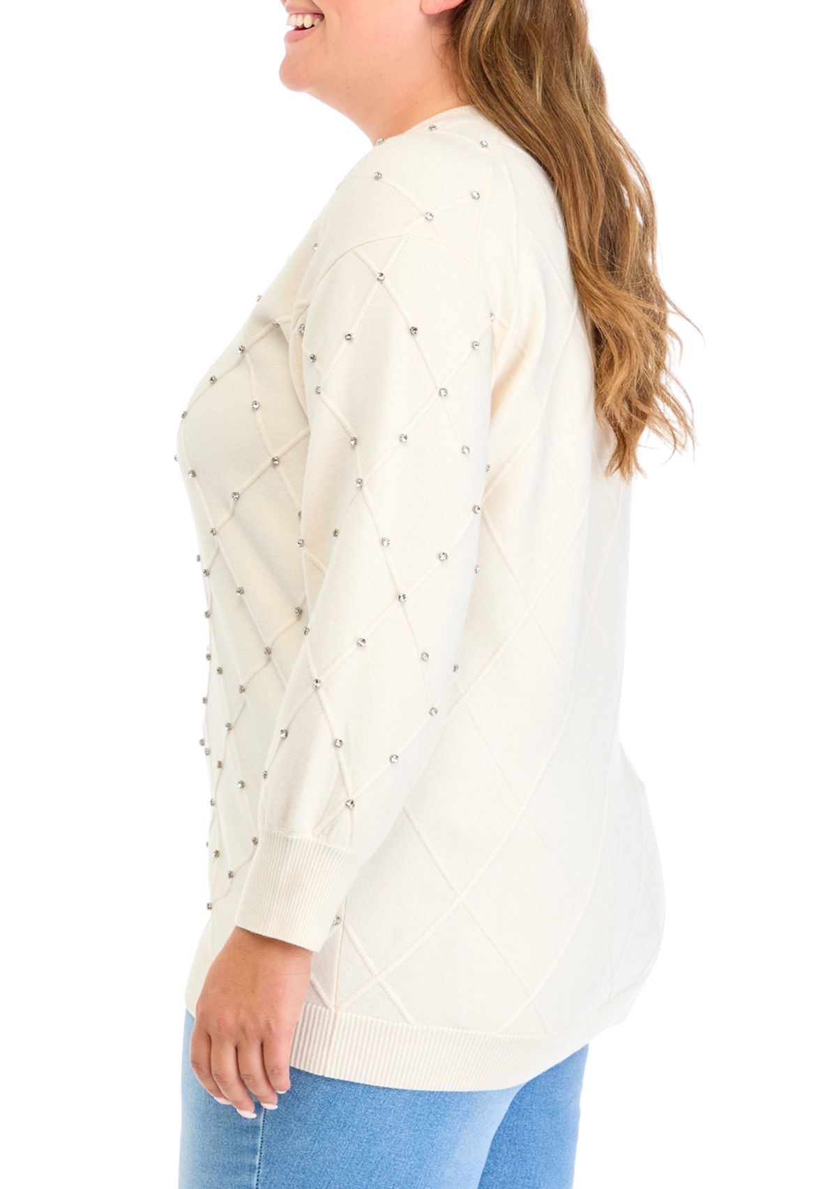 Plus Size Embellished Diamond Stitch V-Neck Sweater 