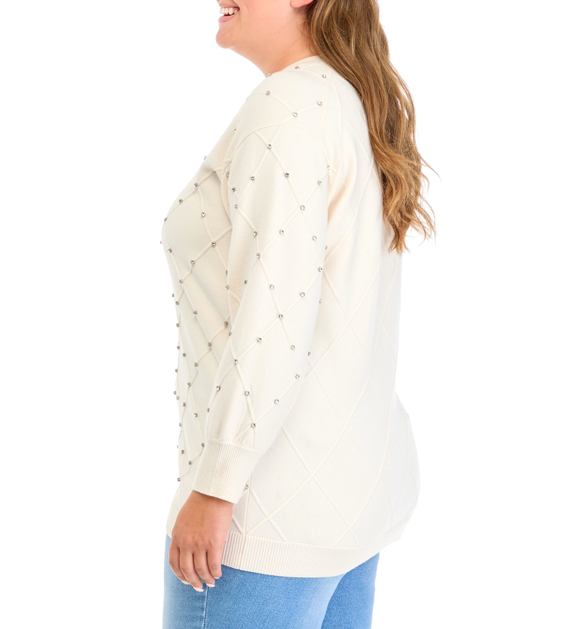 Plus Size Embellished Diamond Stitch V-Neck Sweater 