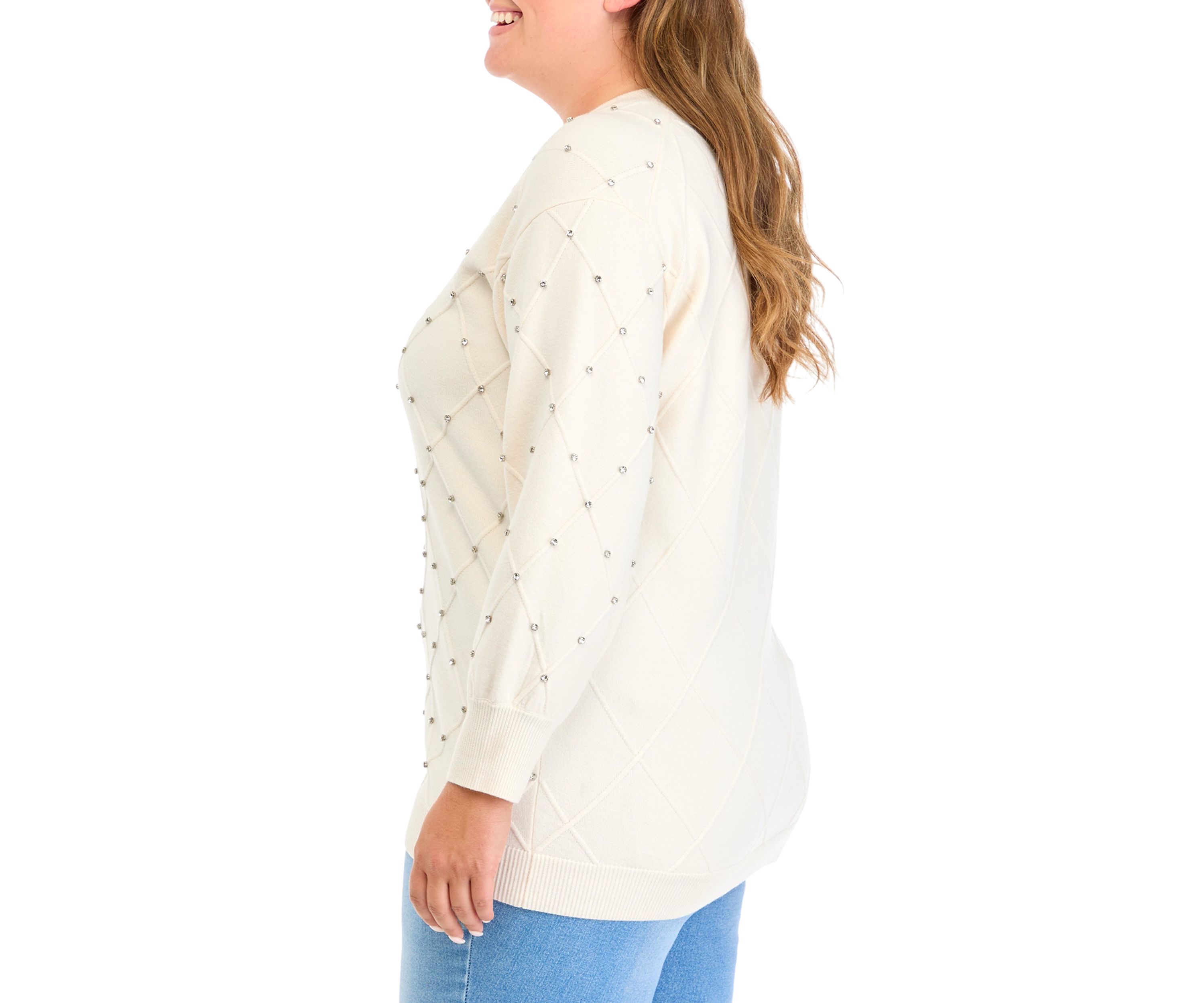 Plus Size Embellished Diamond Stitch V-Neck Sweater 