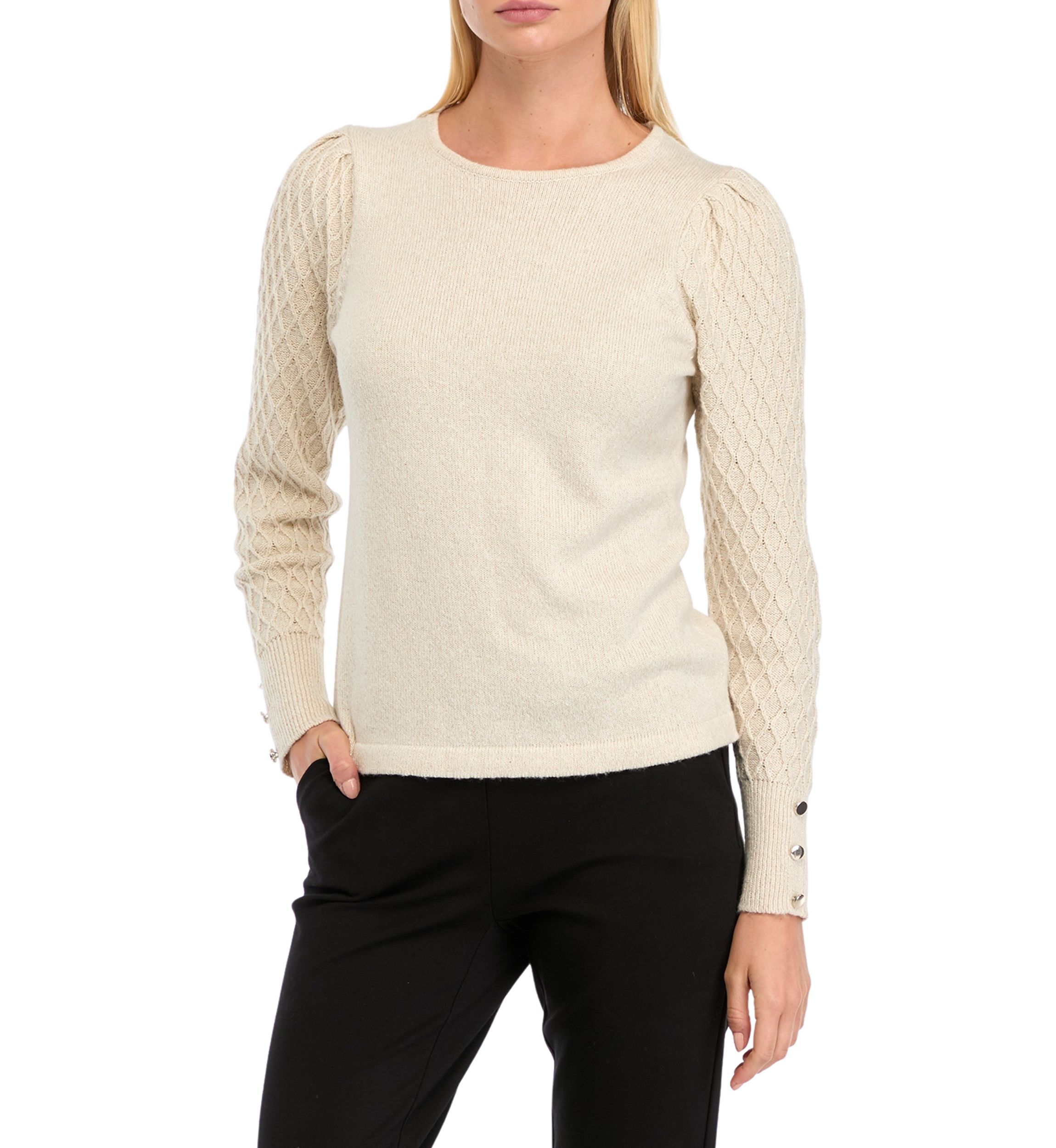 Petite Diamond Stitch Puff Sleeve Crew Neck Sweater
