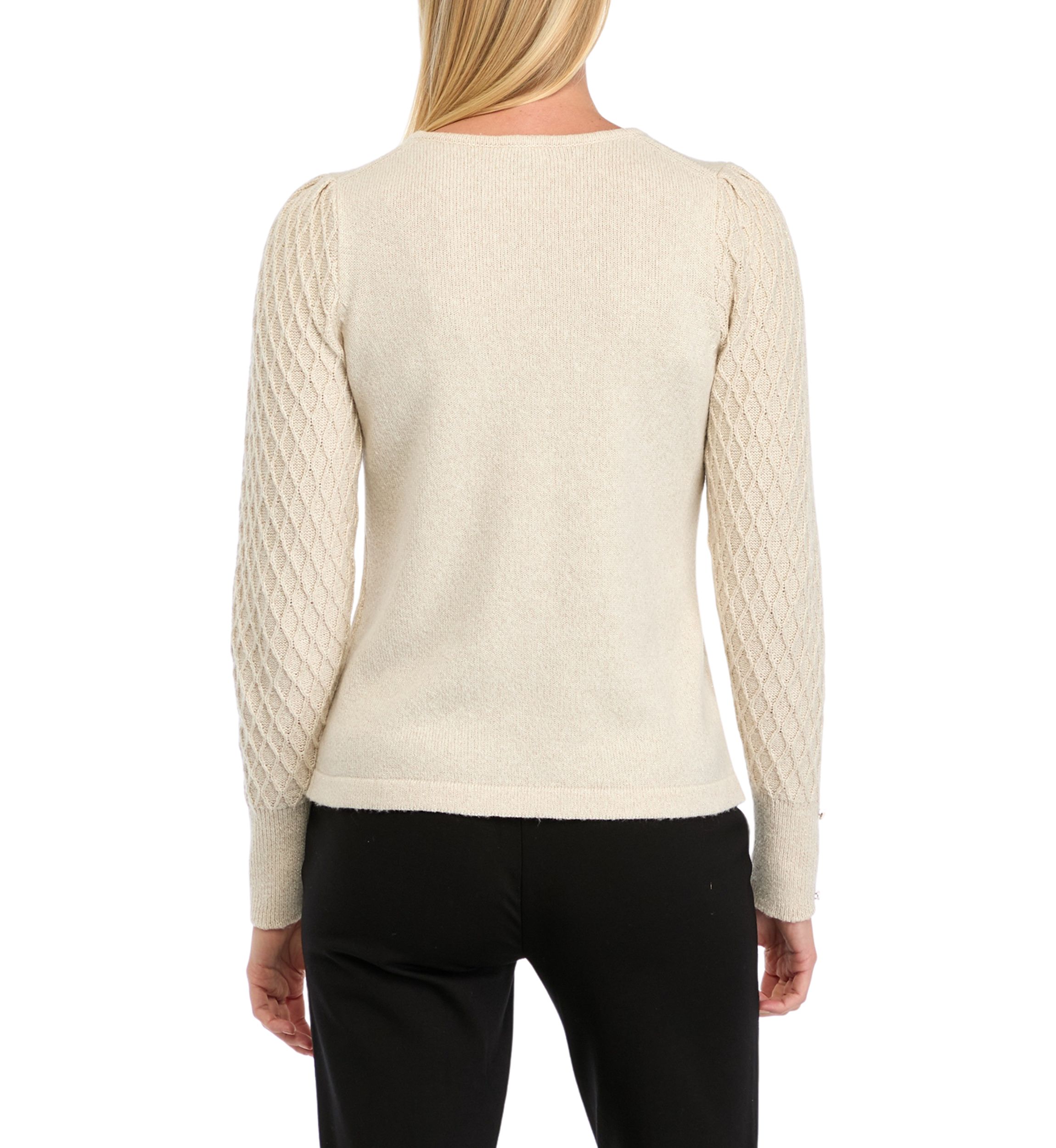 Petite Diamond Stitch Puff Sleeve Crew Neck Sweater