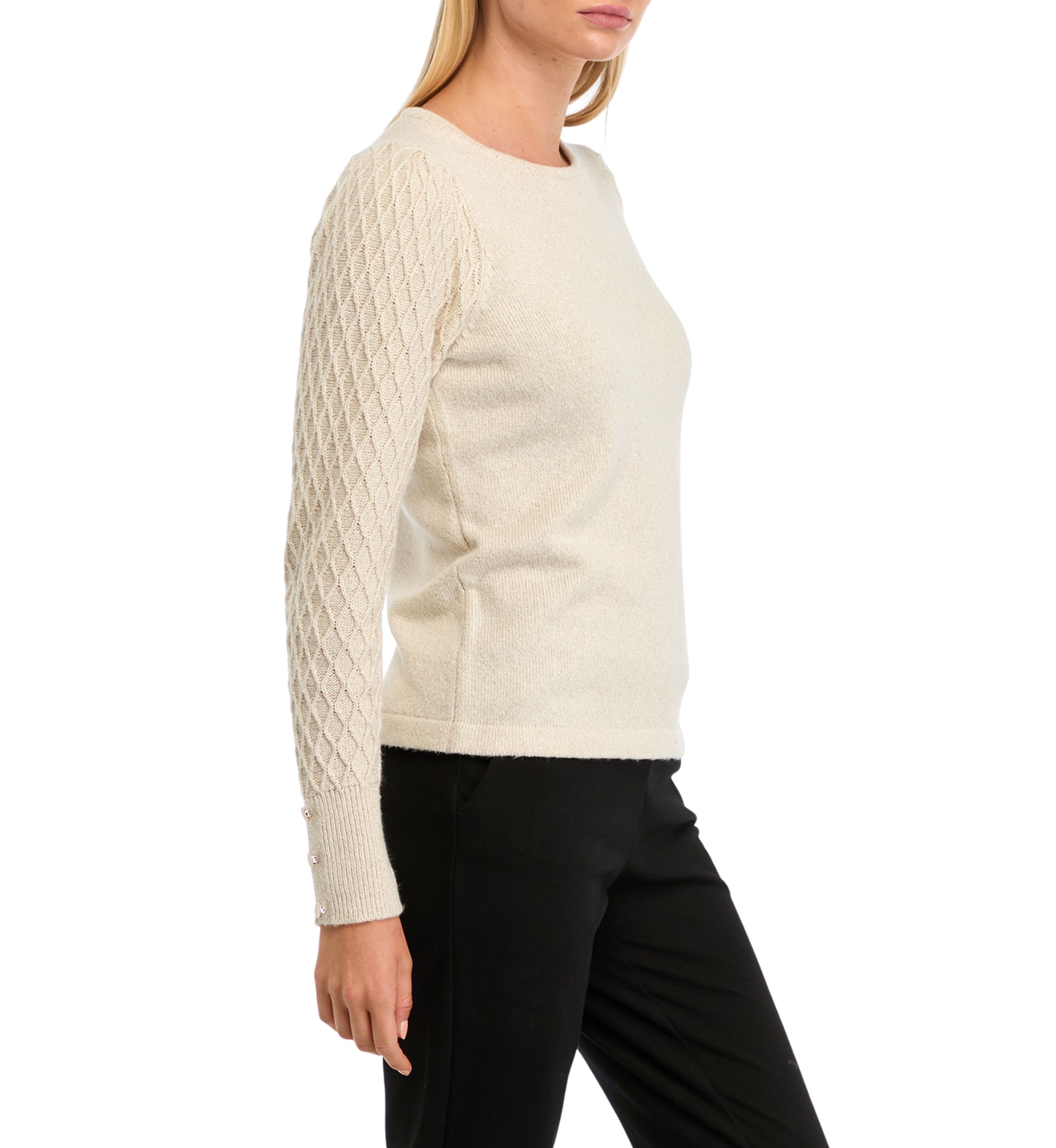 Petite Diamond Stitch Puff Sleeve Crew Neck Sweater