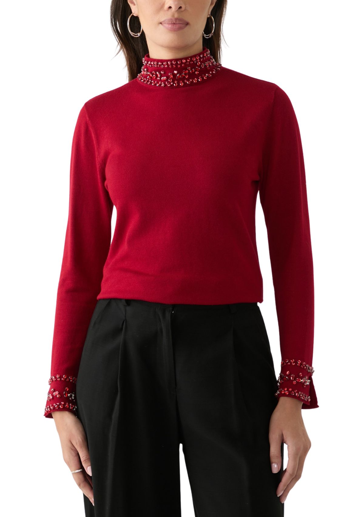 Womens Long Sleeve Rhinestone Mock Neck Sweater