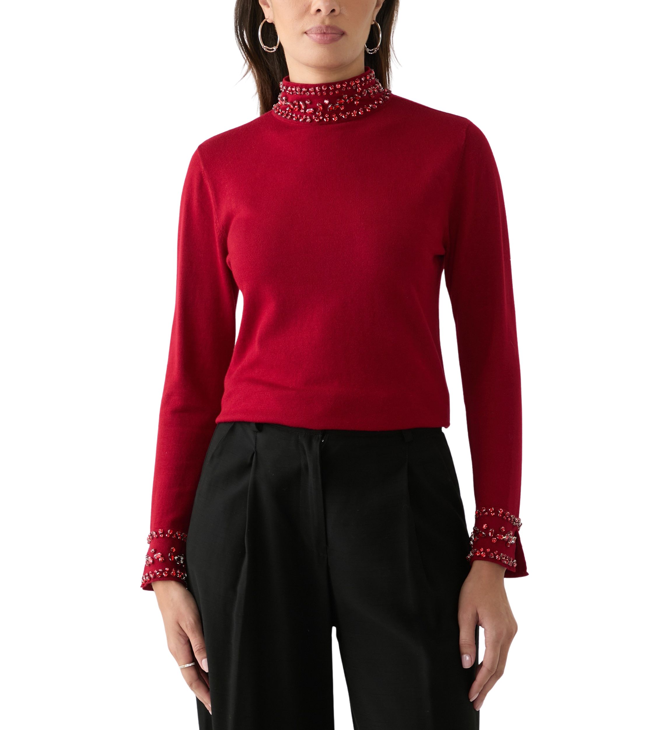 Womens Long Sleeve Rhinestone Mock Neck Sweater
