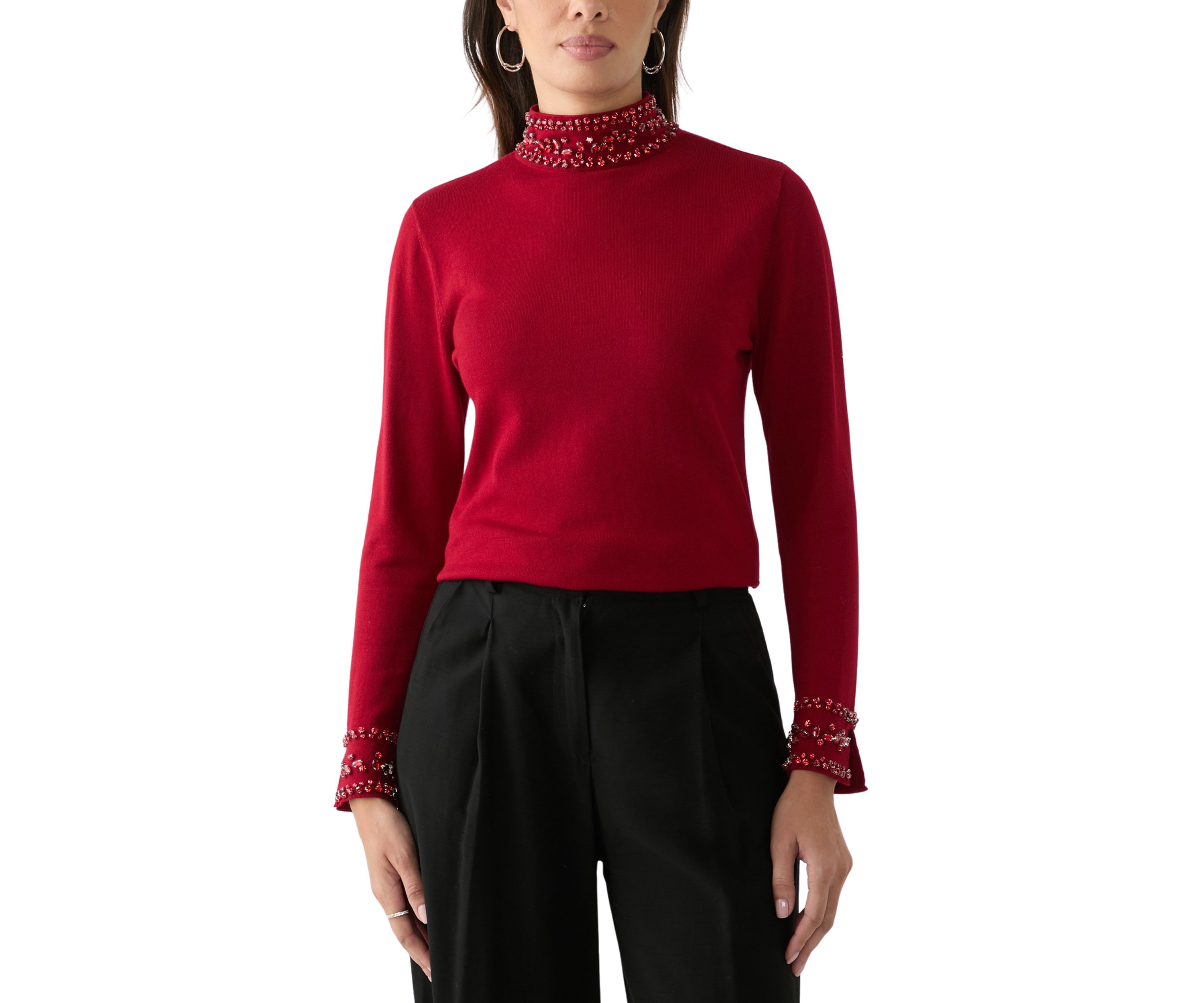 Womens Long Sleeve Rhinestone Mock Neck Sweater