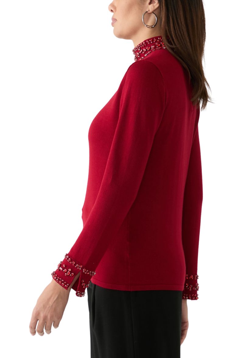 Womens Long Sleeve Rhinestone Mock Neck Sweater