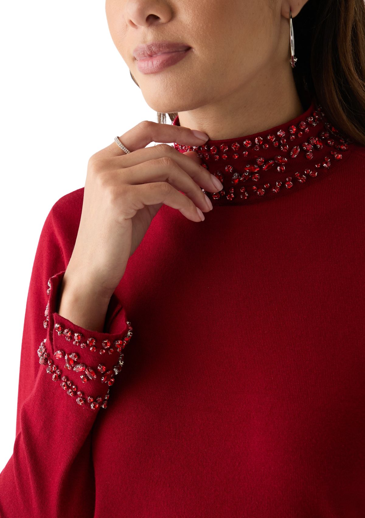 Womens Long Sleeve Rhinestone Mock Neck Sweater