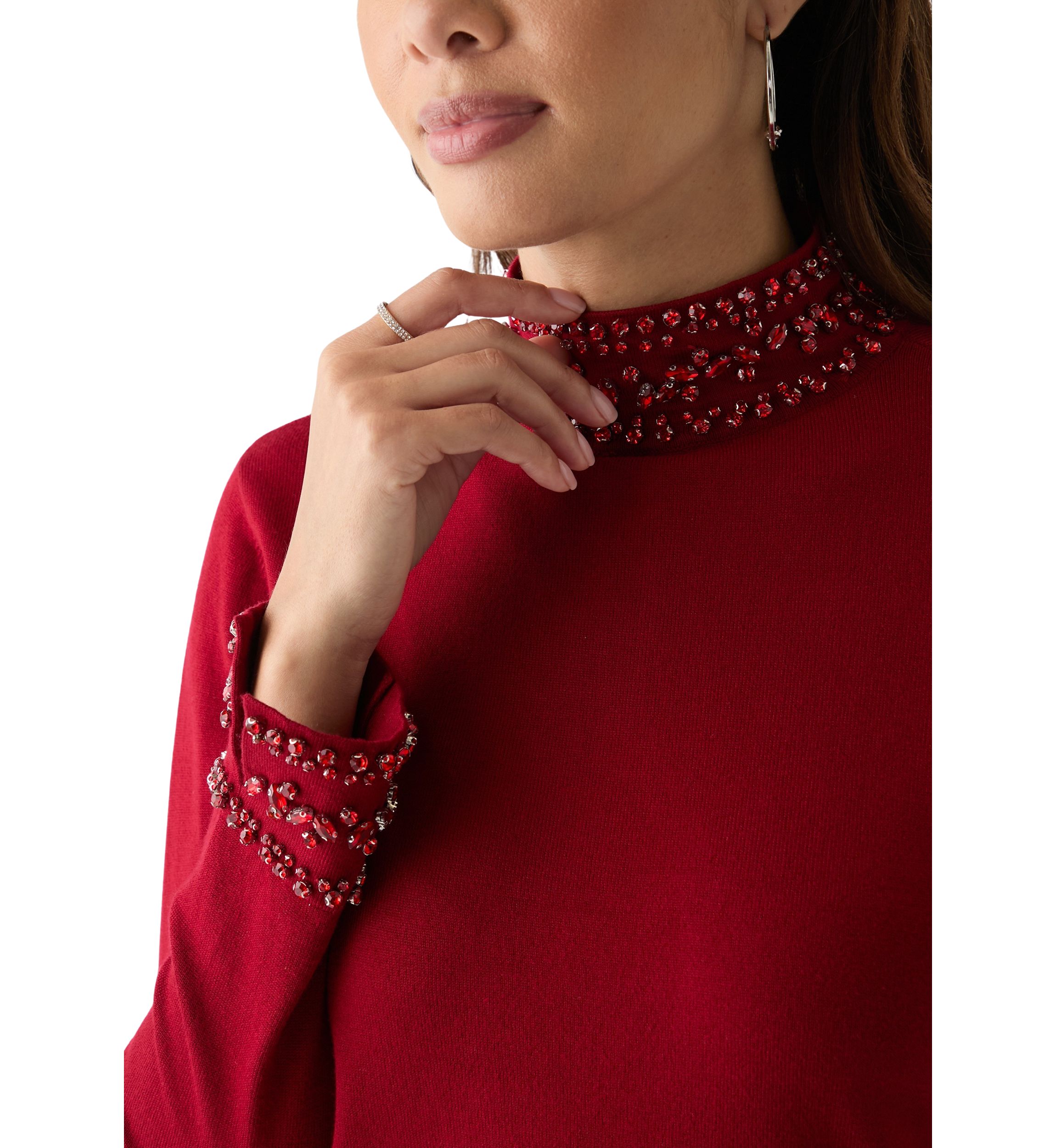 Womens Long Sleeve Rhinestone Mock Neck Sweater
