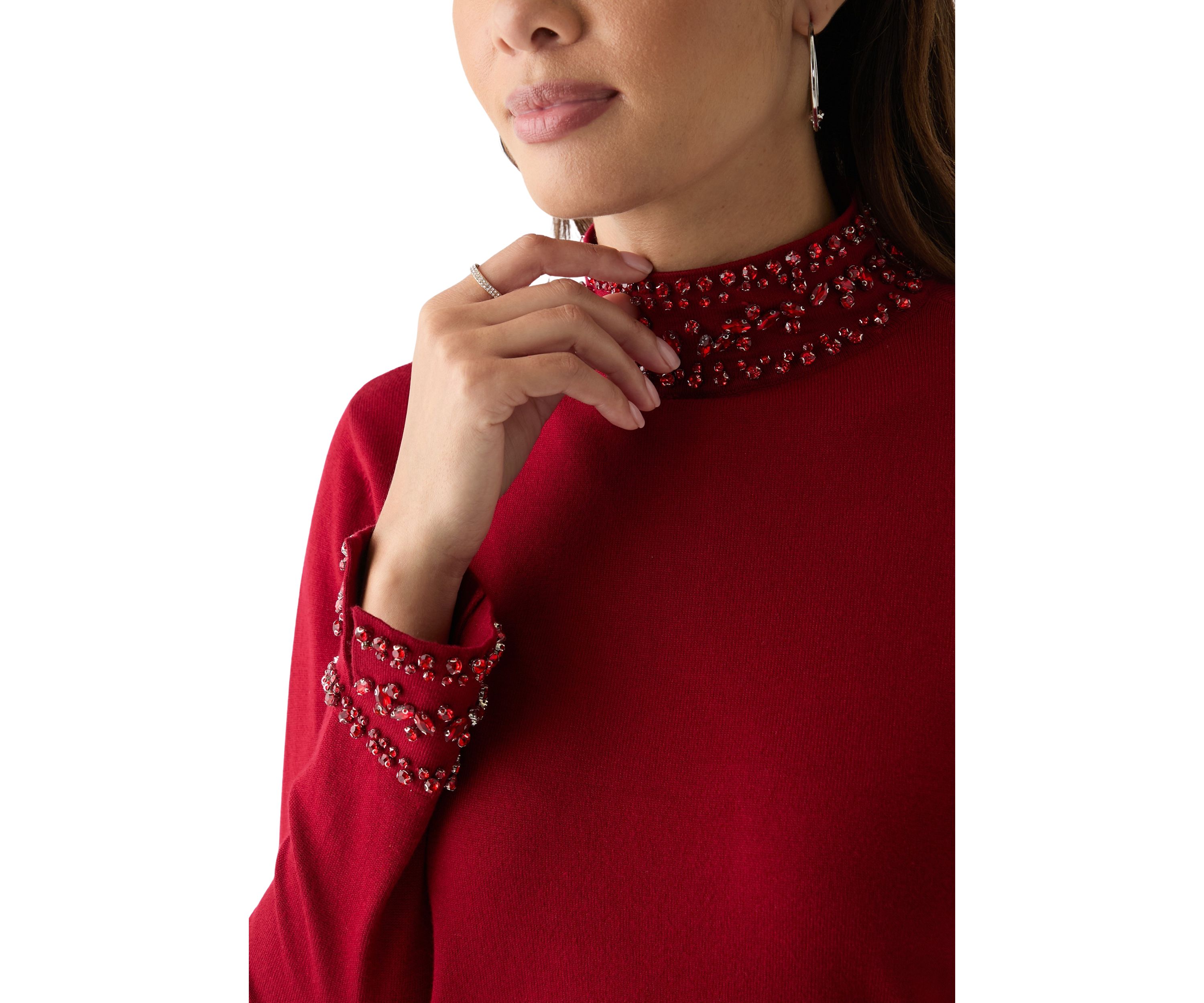 Womens Long Sleeve Rhinestone Mock Neck Sweater
