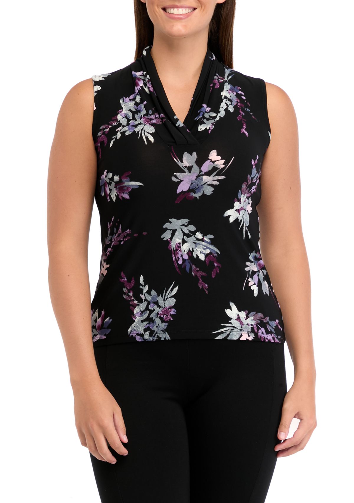 Womens Sleeveless Printed Triple Pleat Shell Tank 