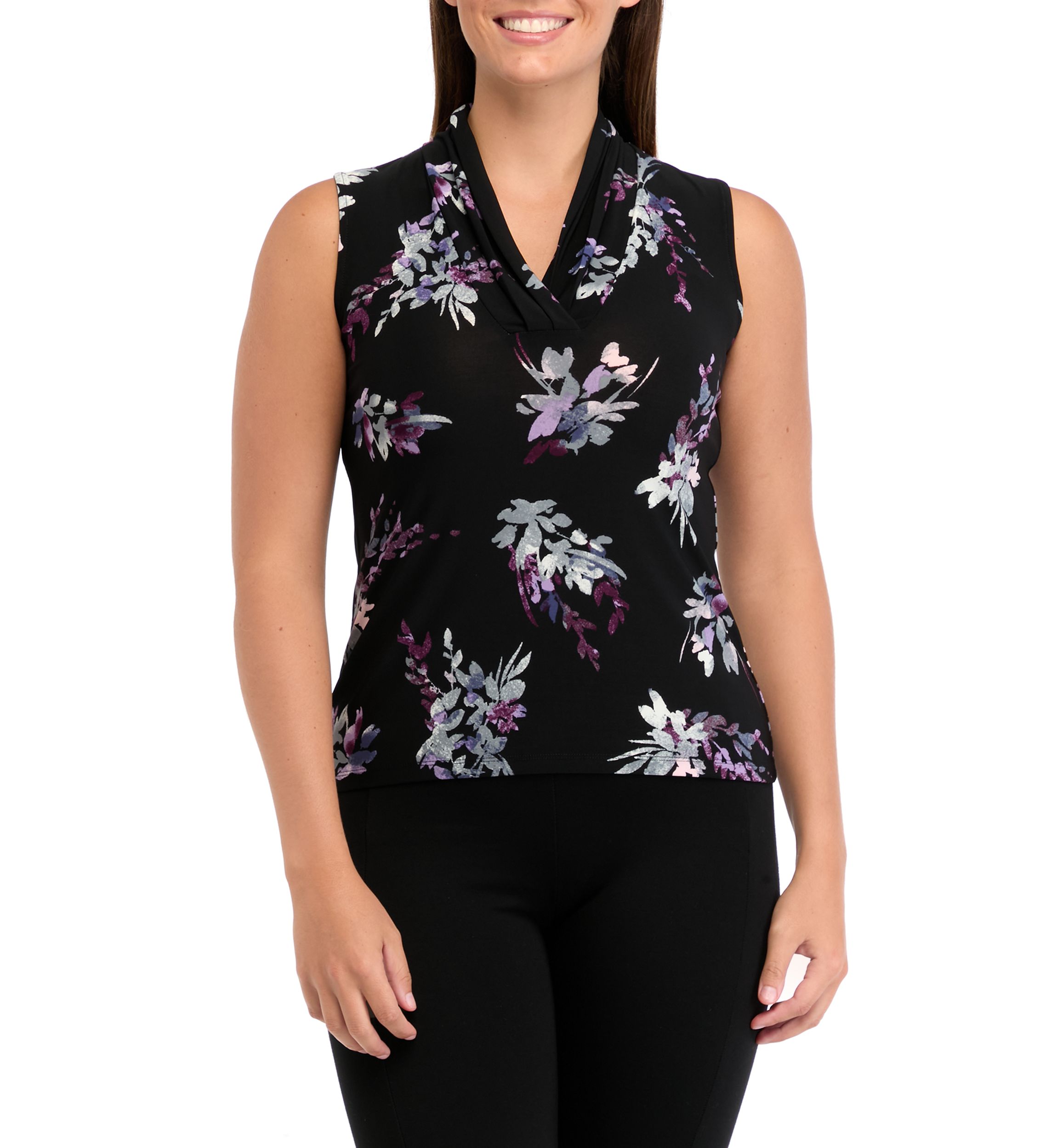 Womens Sleeveless Printed Triple Pleat Shell Tank 