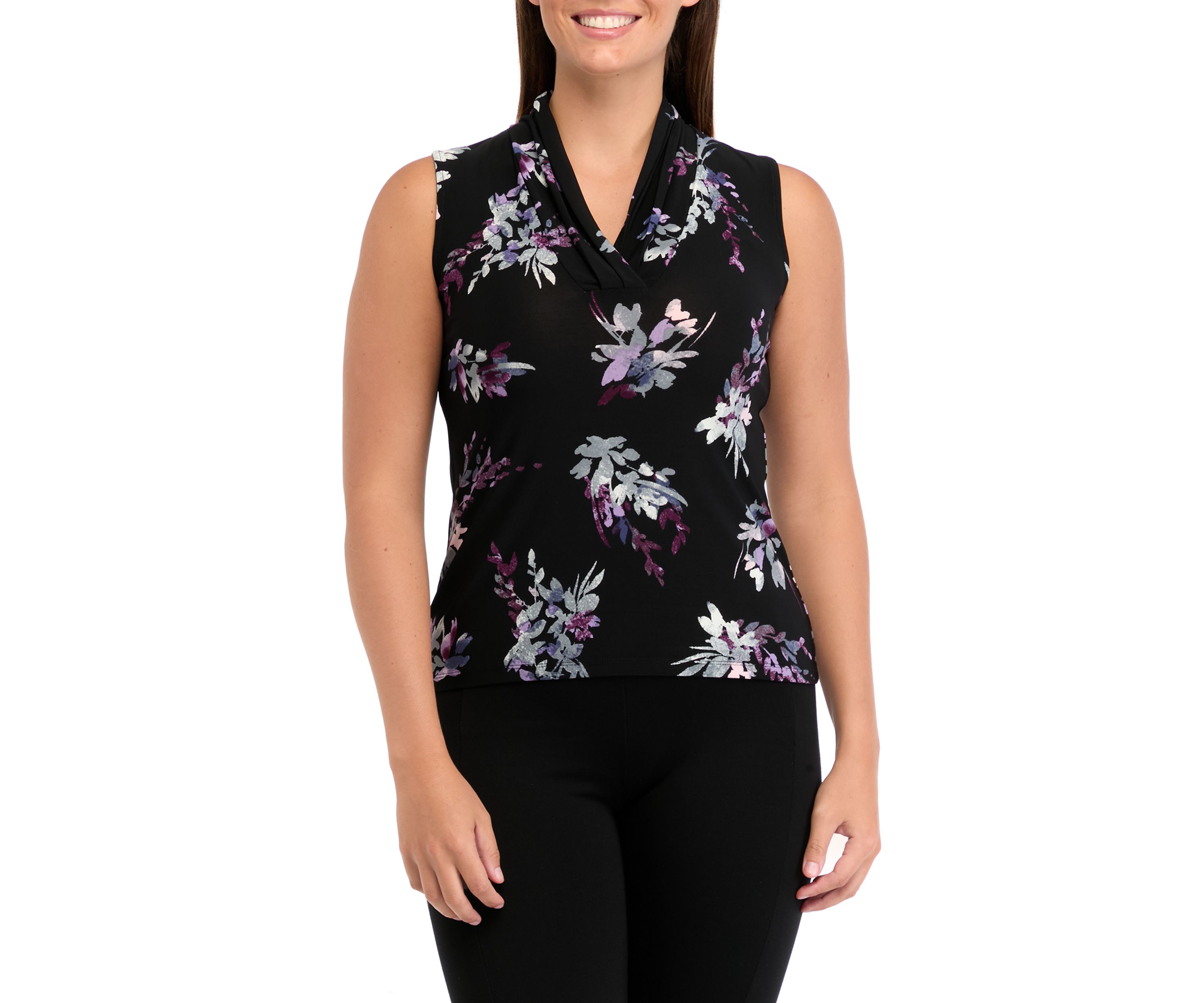 Womens Sleeveless Printed Triple Pleat Shell Tank 