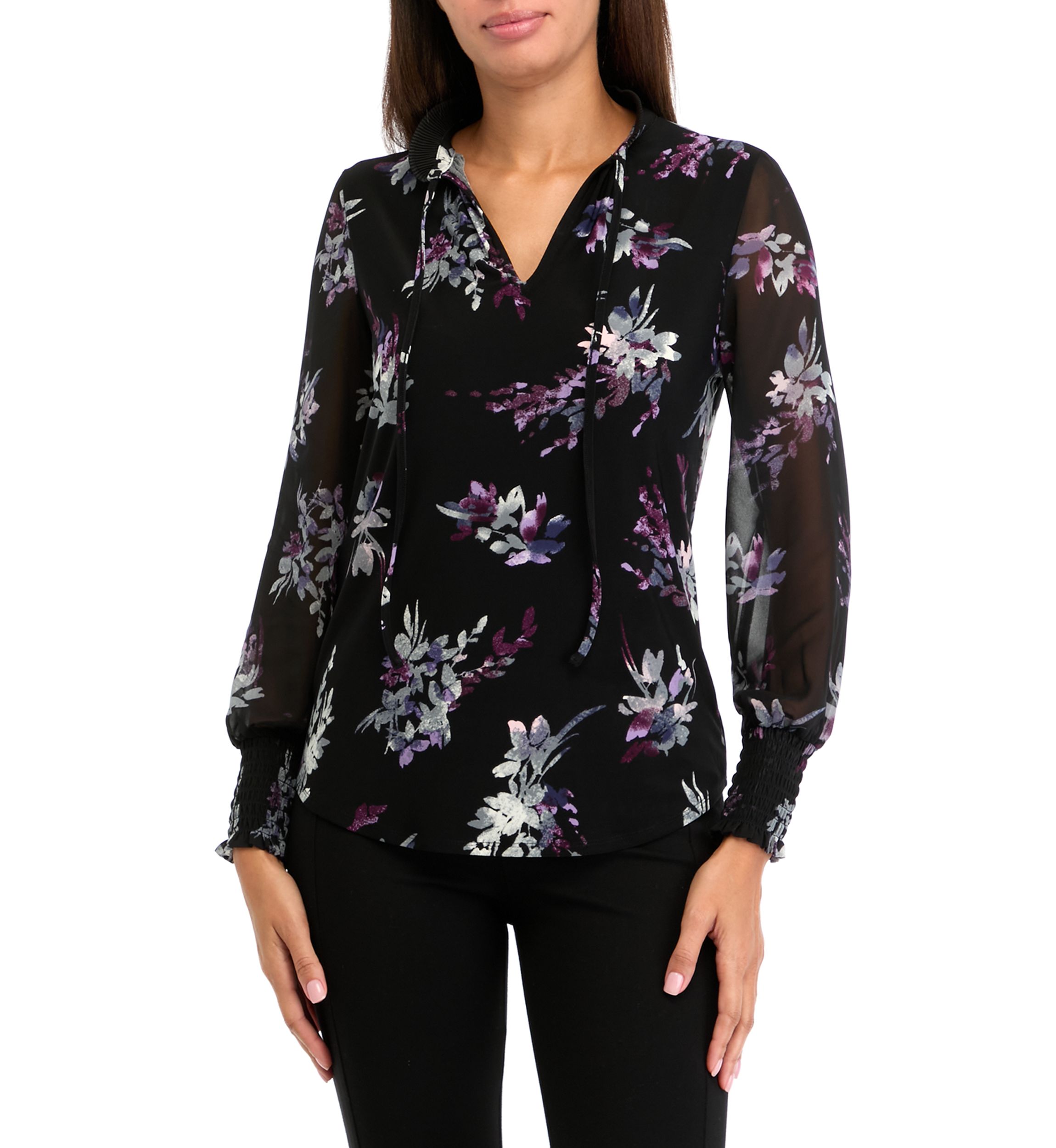 Womens Long Sleeve Printed Mixed Media Blouse