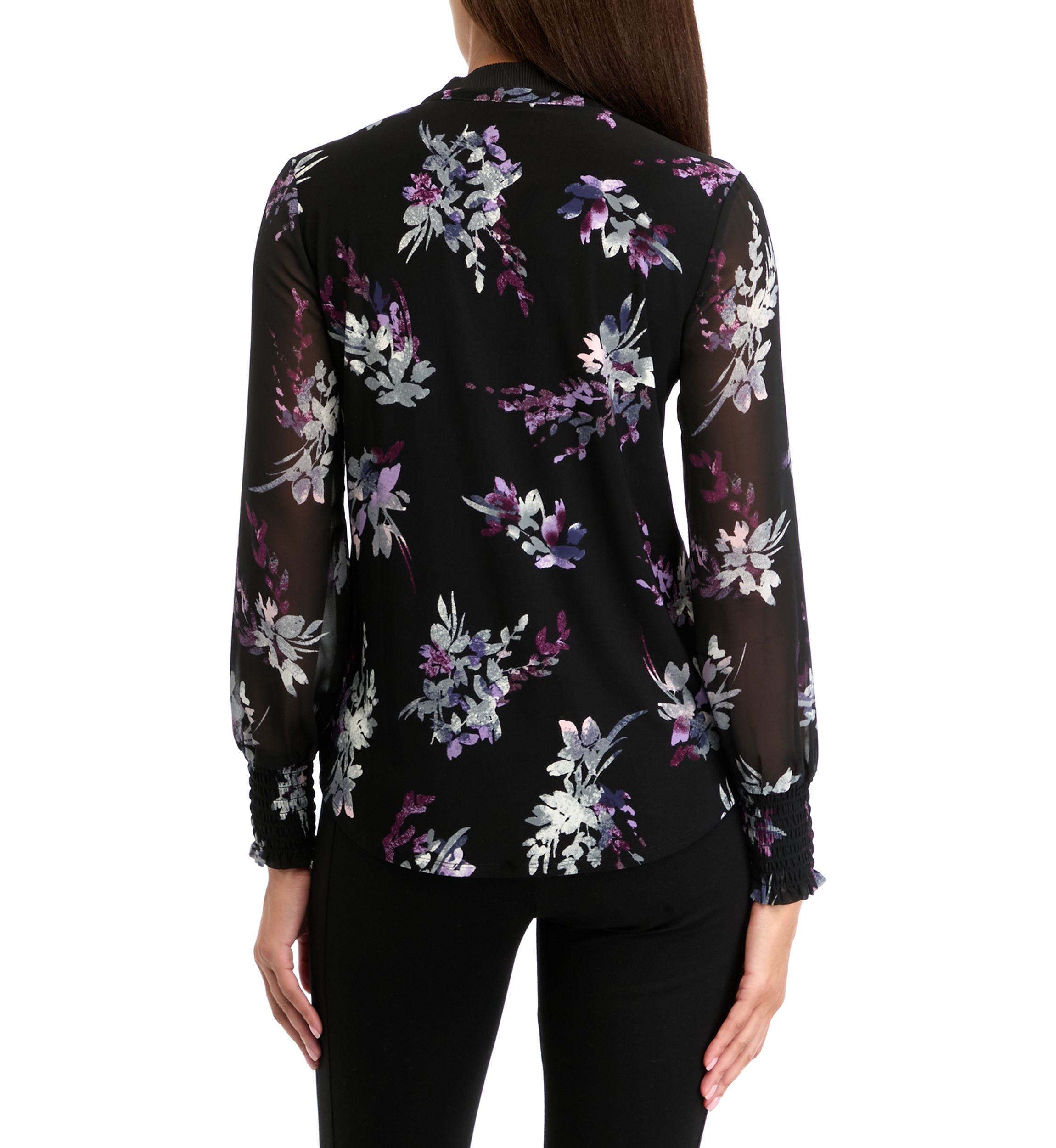 Womens Long Sleeve Printed Mixed Media Blouse