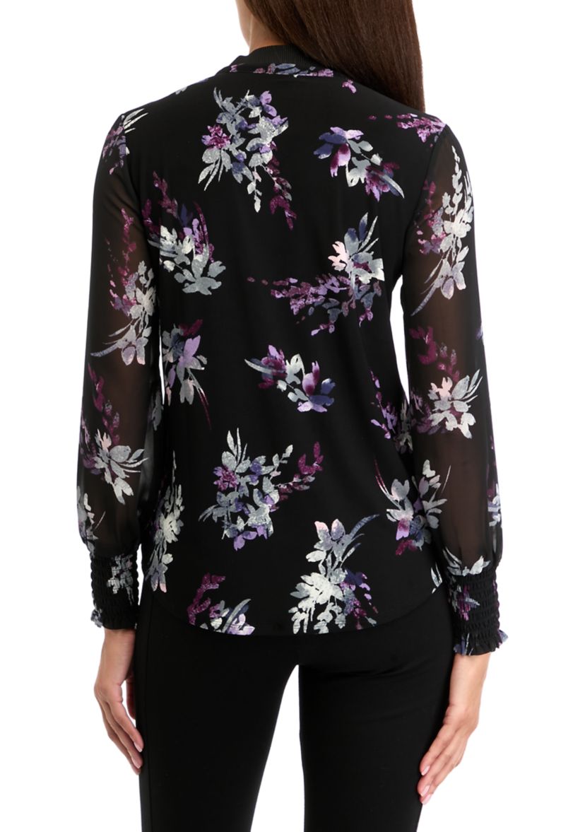 Womens Long Sleeve Printed Mixed Media Blouse