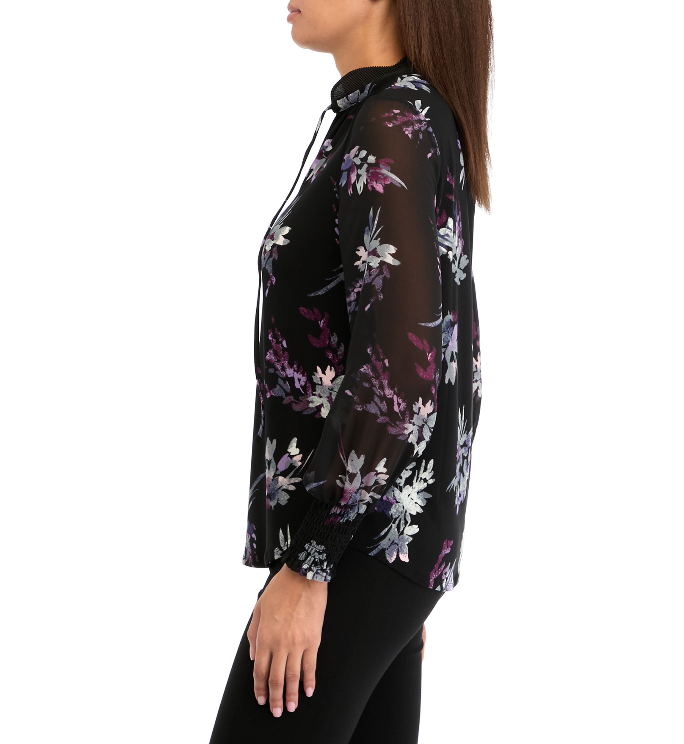 Womens Long Sleeve Printed Mixed Media Blouse