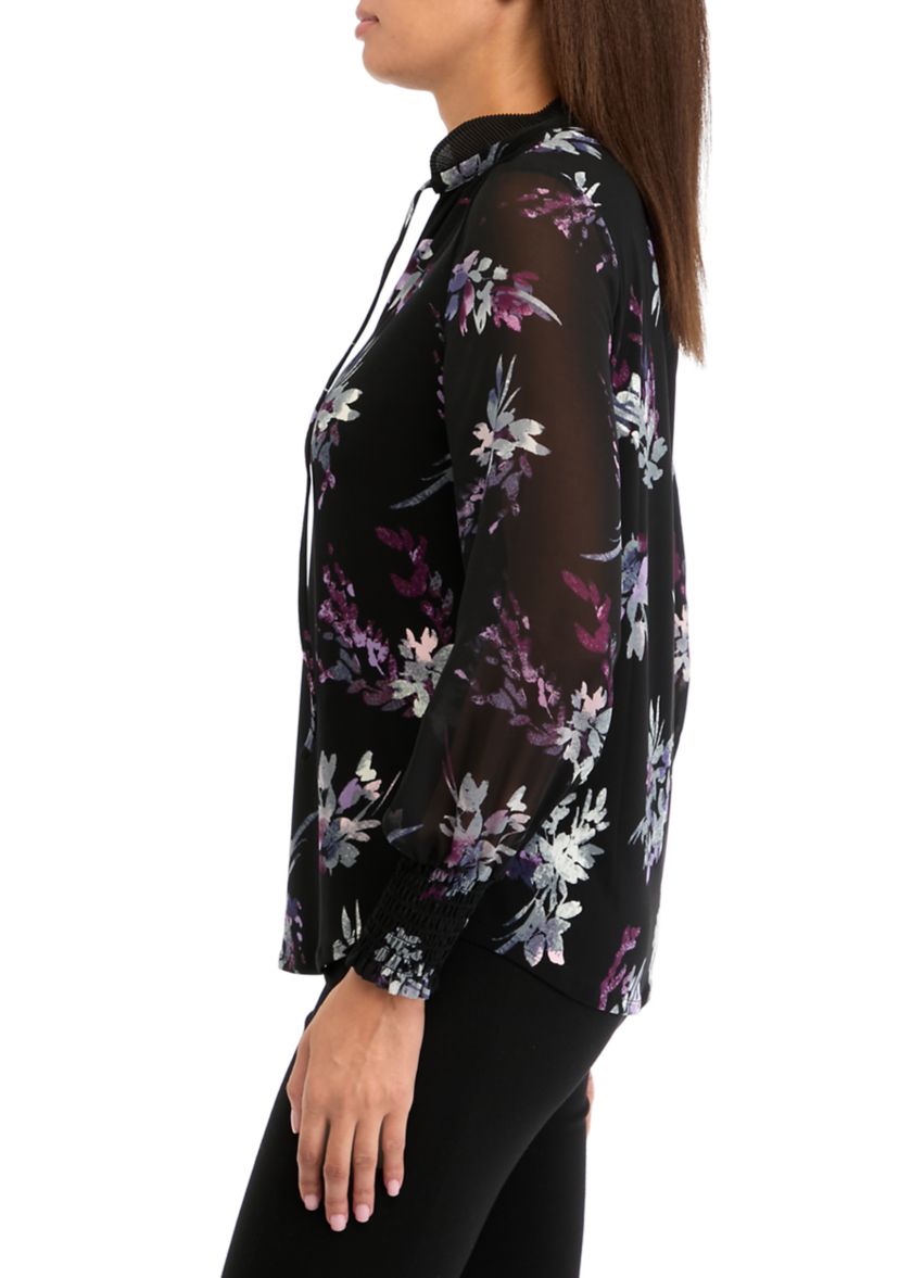 Womens Long Sleeve Printed Mixed Media Blouse