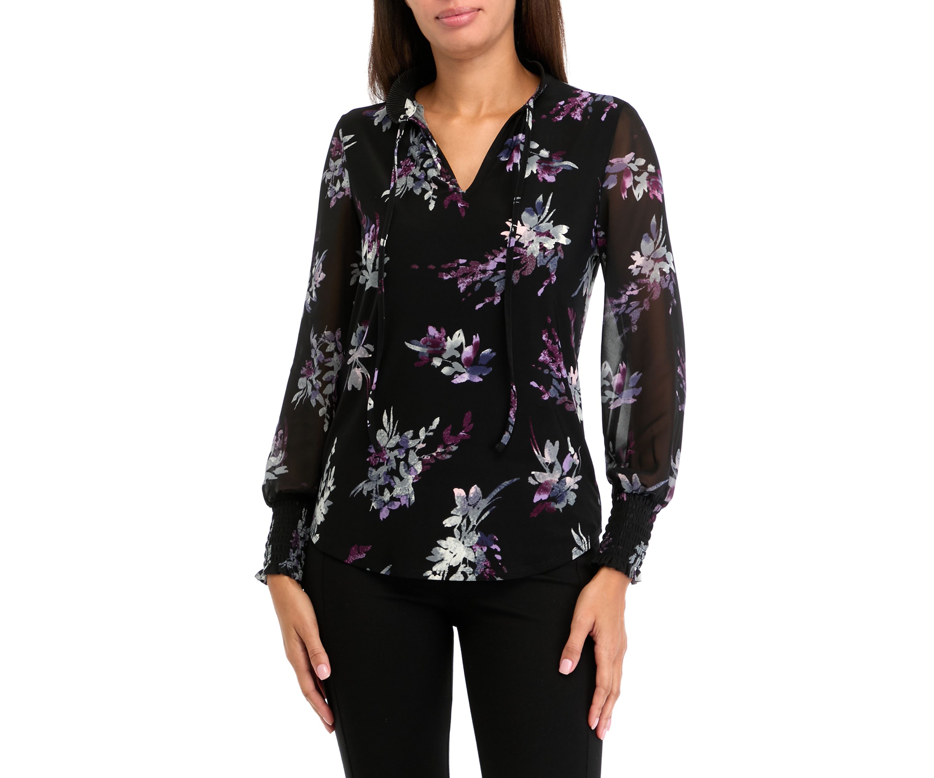 Petite Printed Long Sleeve Pleated Blouse