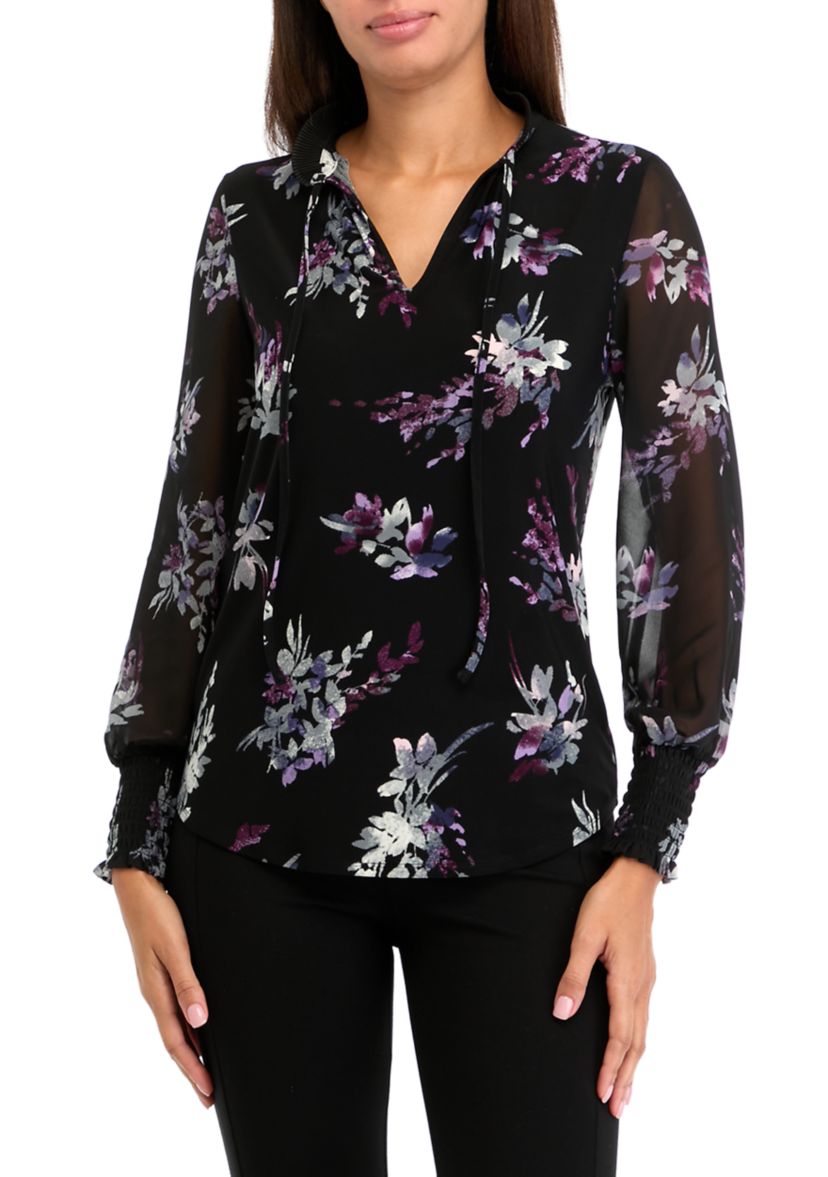 Petite Printed Long Sleeve Pleated Blouse
