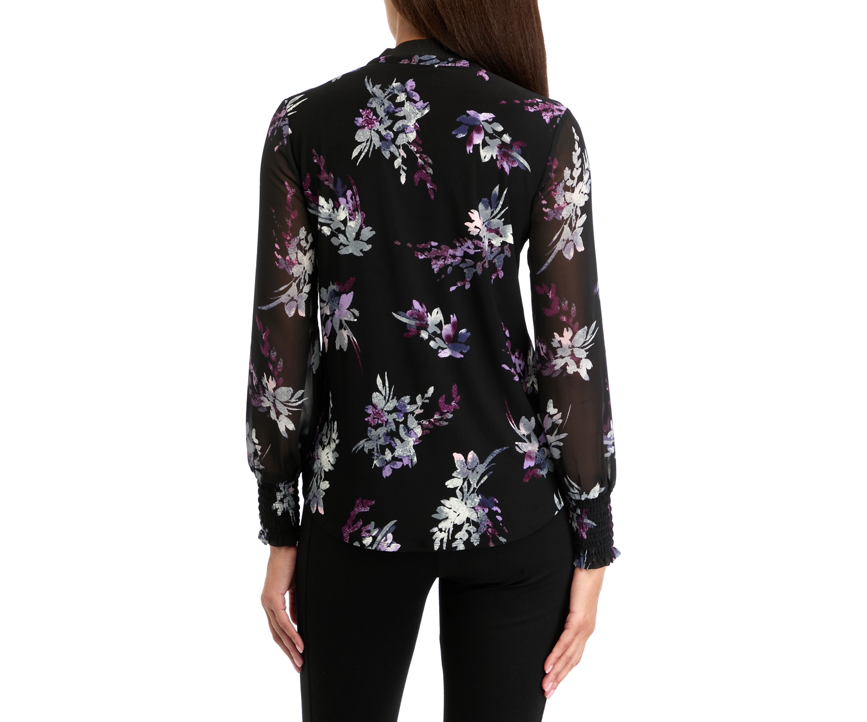 Petite Printed Long Sleeve Pleated Blouse