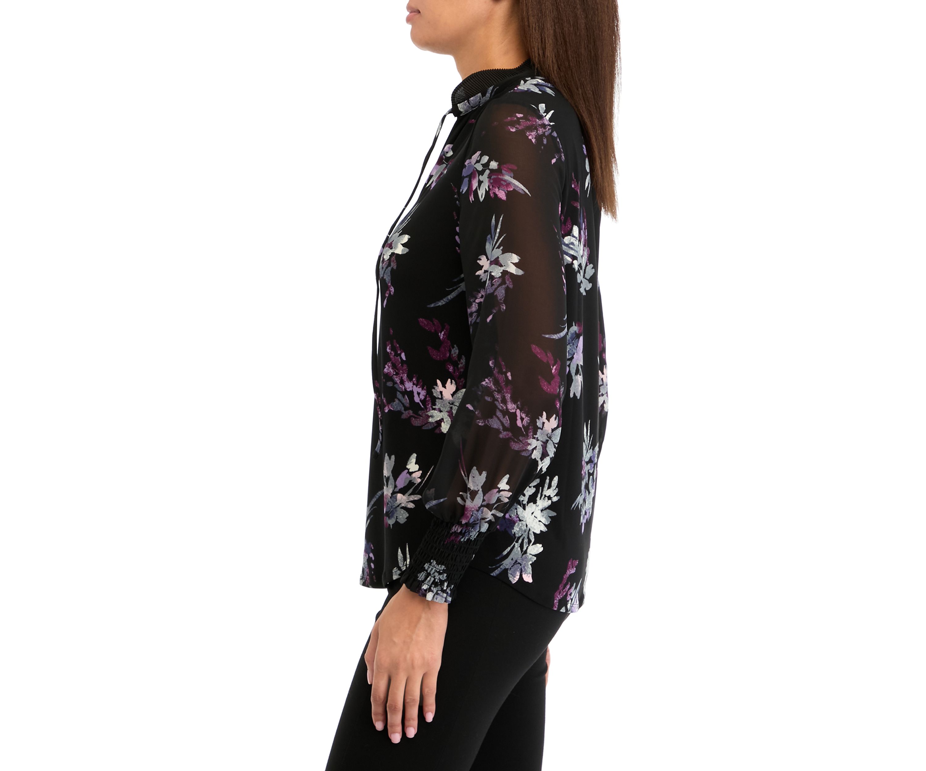 Petite Printed Long Sleeve Pleated Blouse