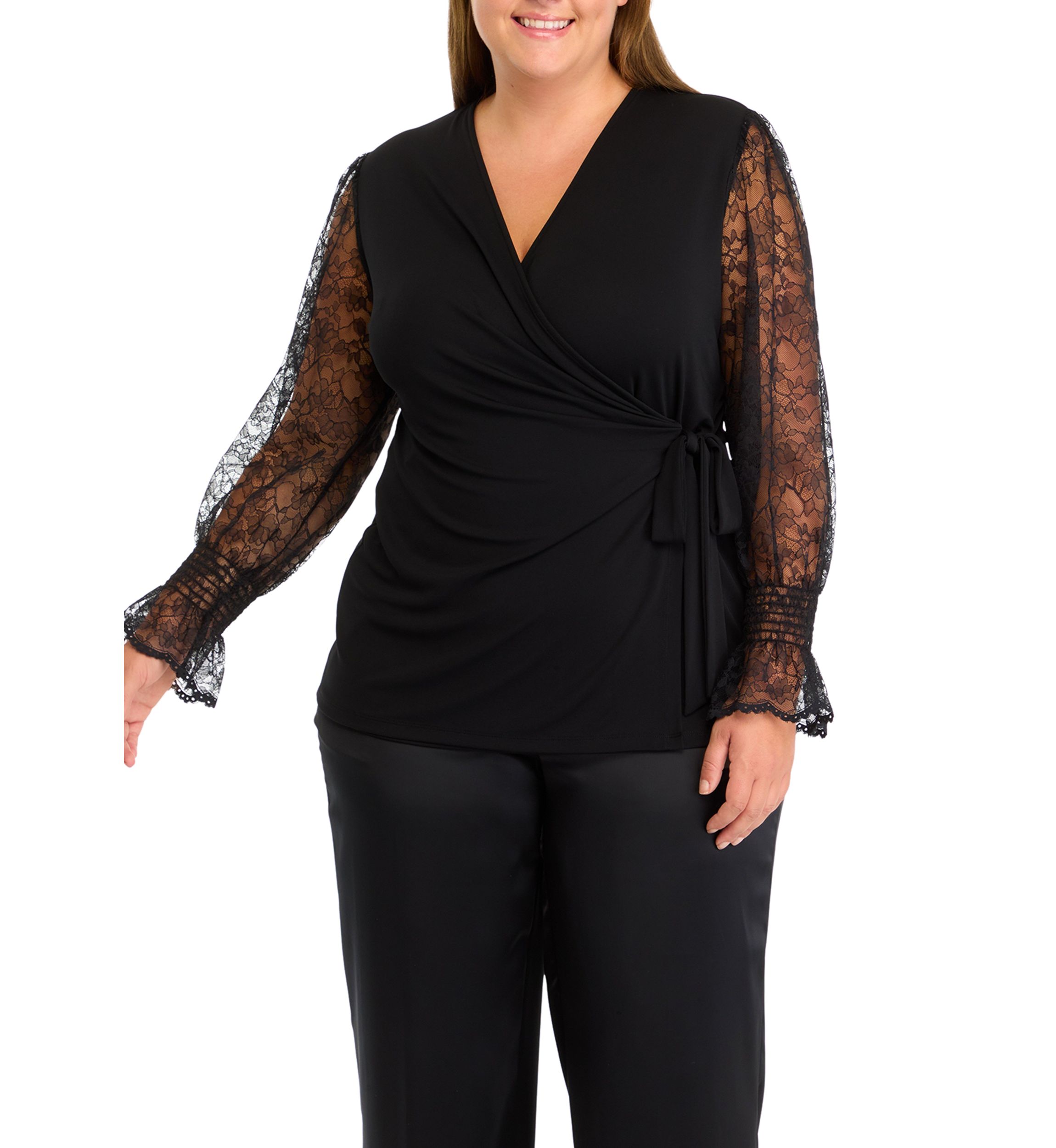 Plus Size Solid Matte Jersey with Lace Long Smocked Sleeve Wrap Top