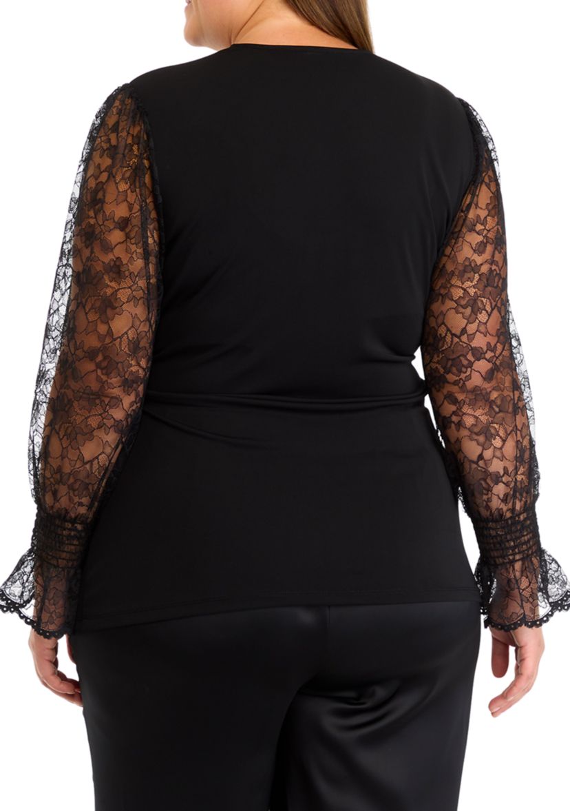 Plus Size Solid Matte Jersey with Lace Long Smocked Sleeve Wrap Top