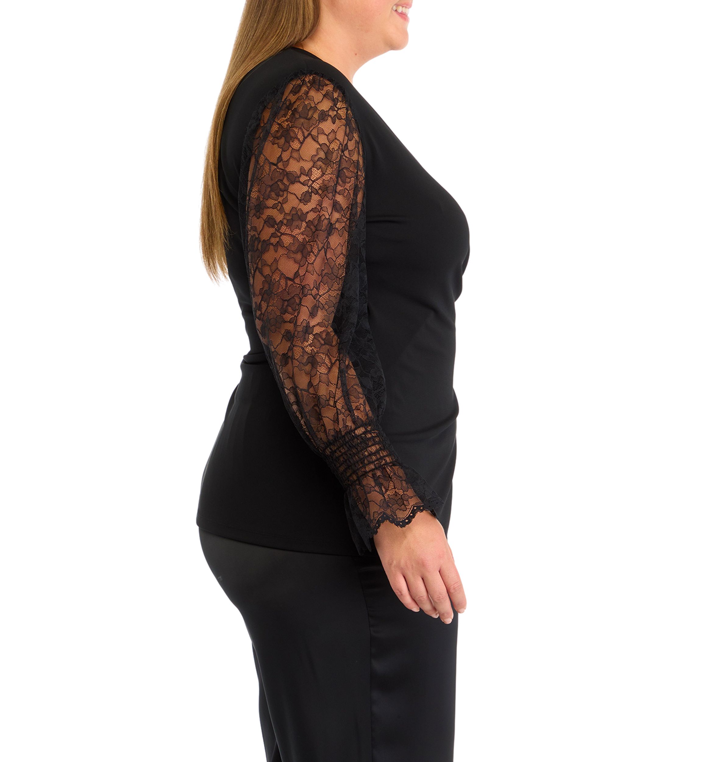 Plus Size Solid Matte Jersey with Lace Long Smocked Sleeve Wrap Top