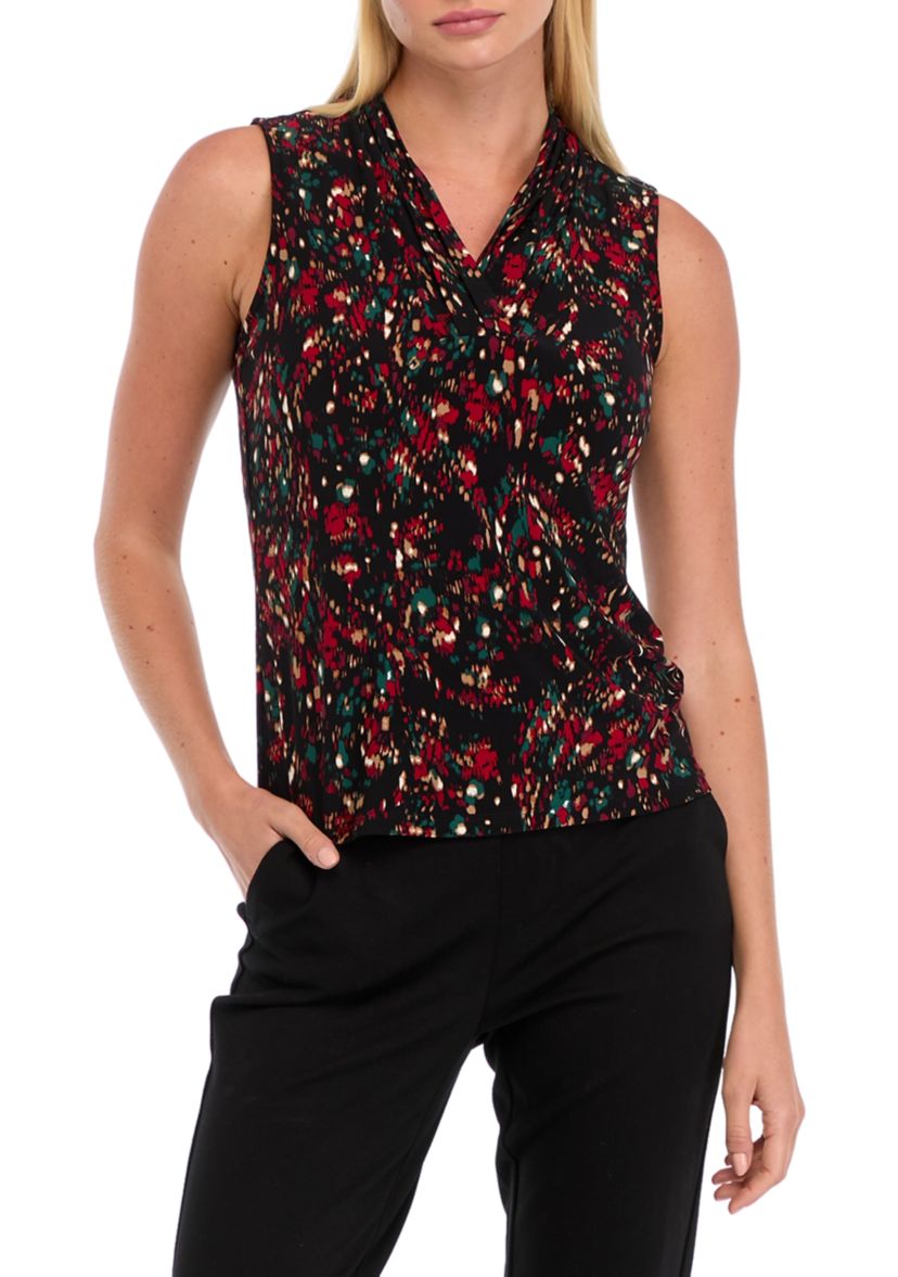 Womens Sleeveless Printed Triple Pleat Blouse