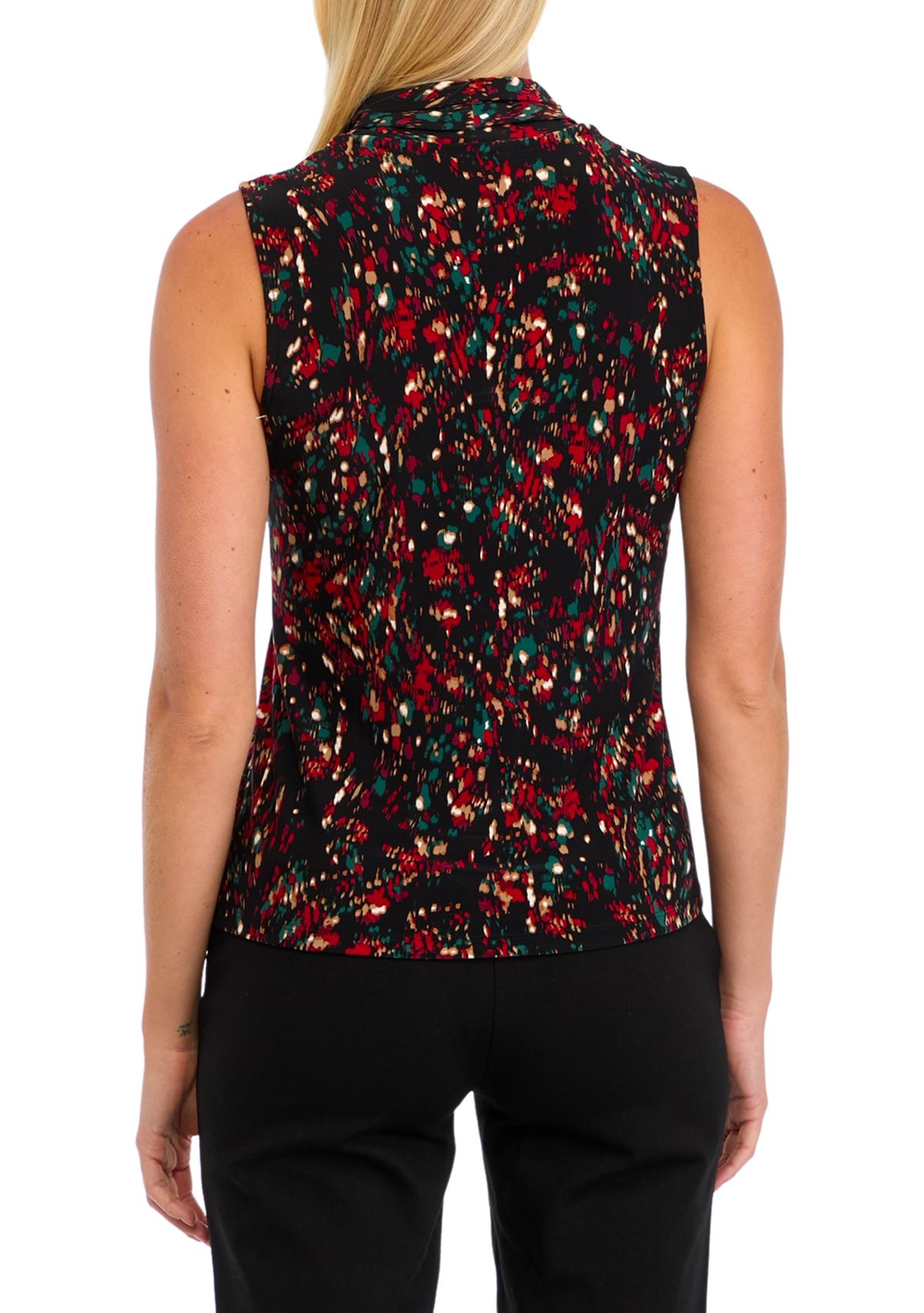 Womens Sleeveless Printed Triple Pleat Blouse
