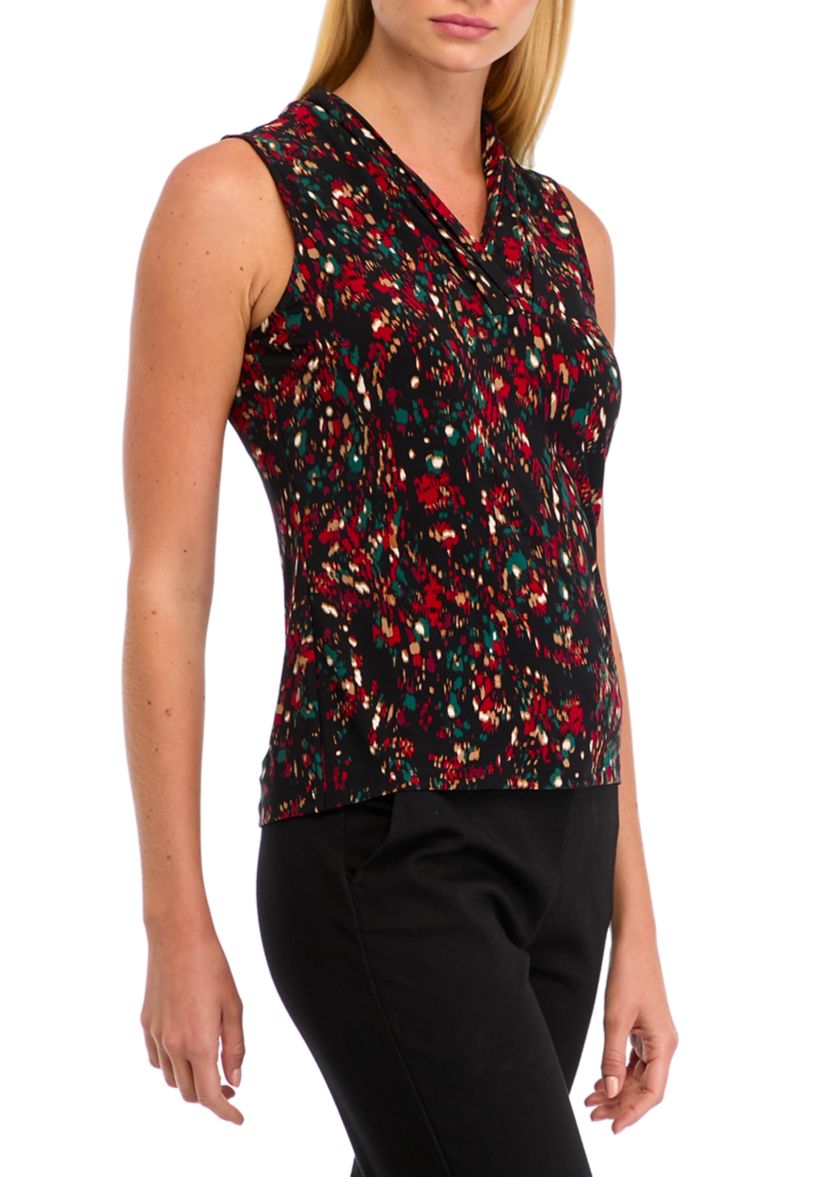 Womens Sleeveless Printed Triple Pleat Blouse