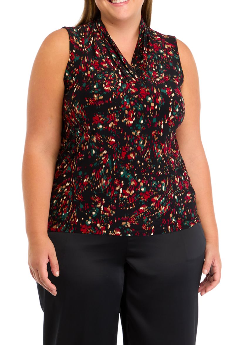 Plus Size Printed Triple Pleated Blouse