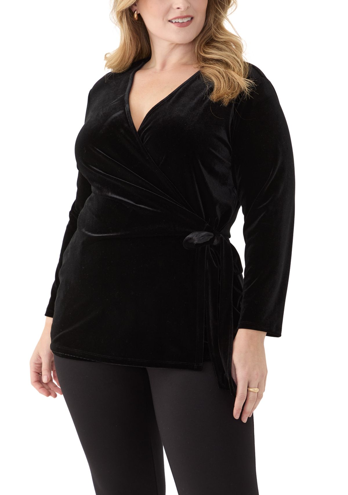 Plus Size 3/4 Sleeve Velour Wrap Top 