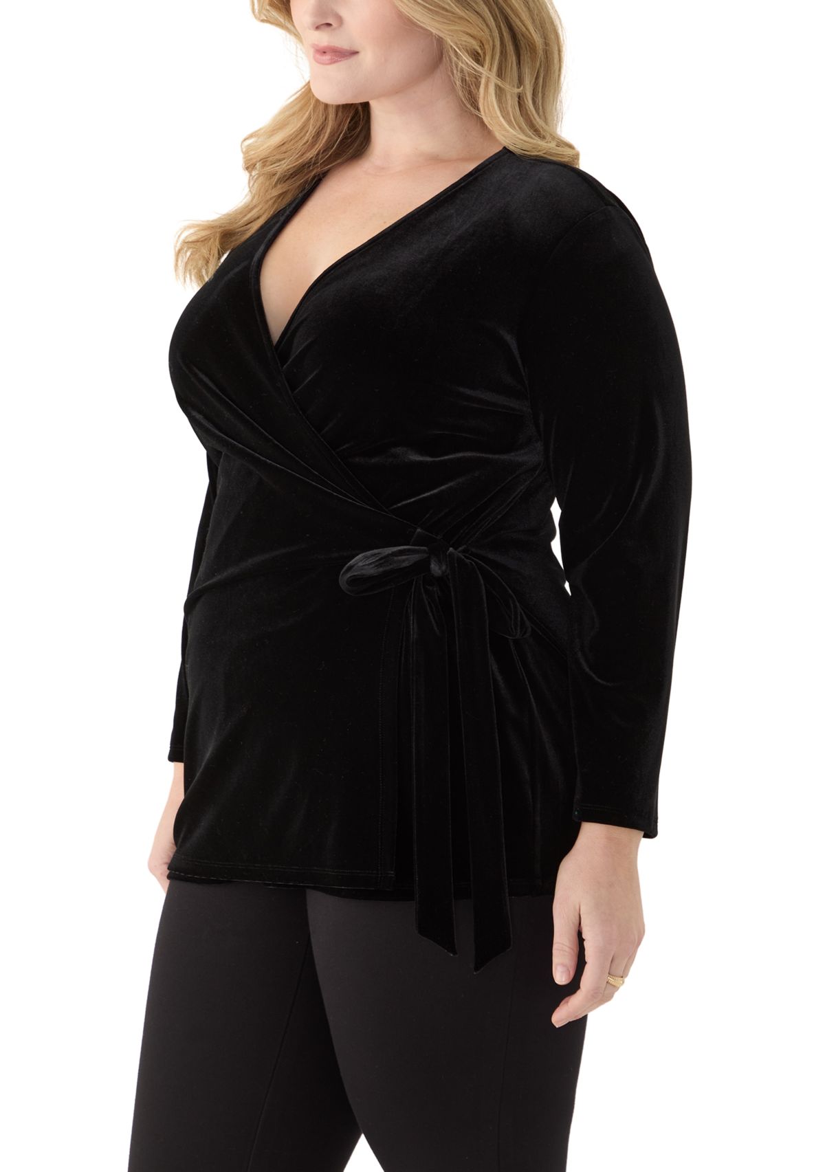 Plus Size 3/4 Sleeve Velour Wrap Top 