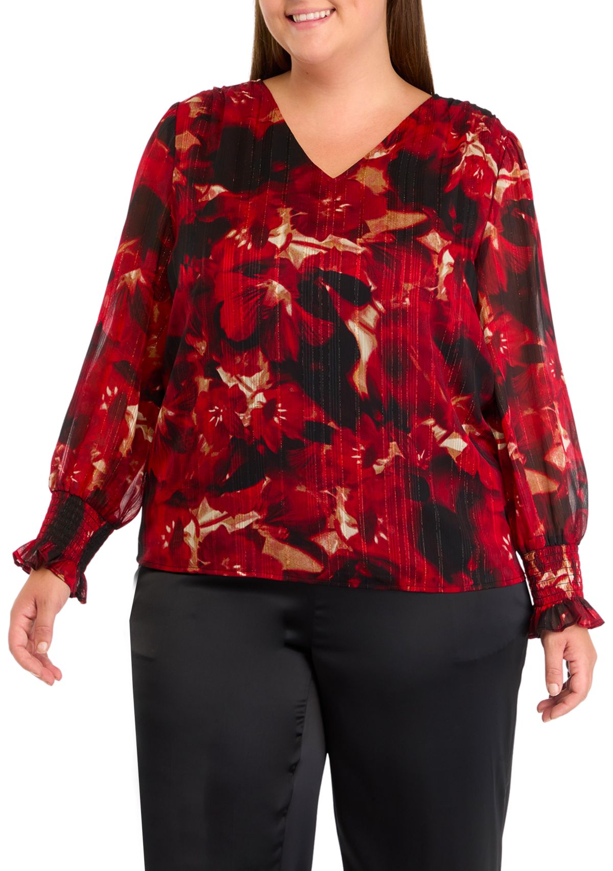 Plus Size Long Sleeve V-Neck Smocked Blouse