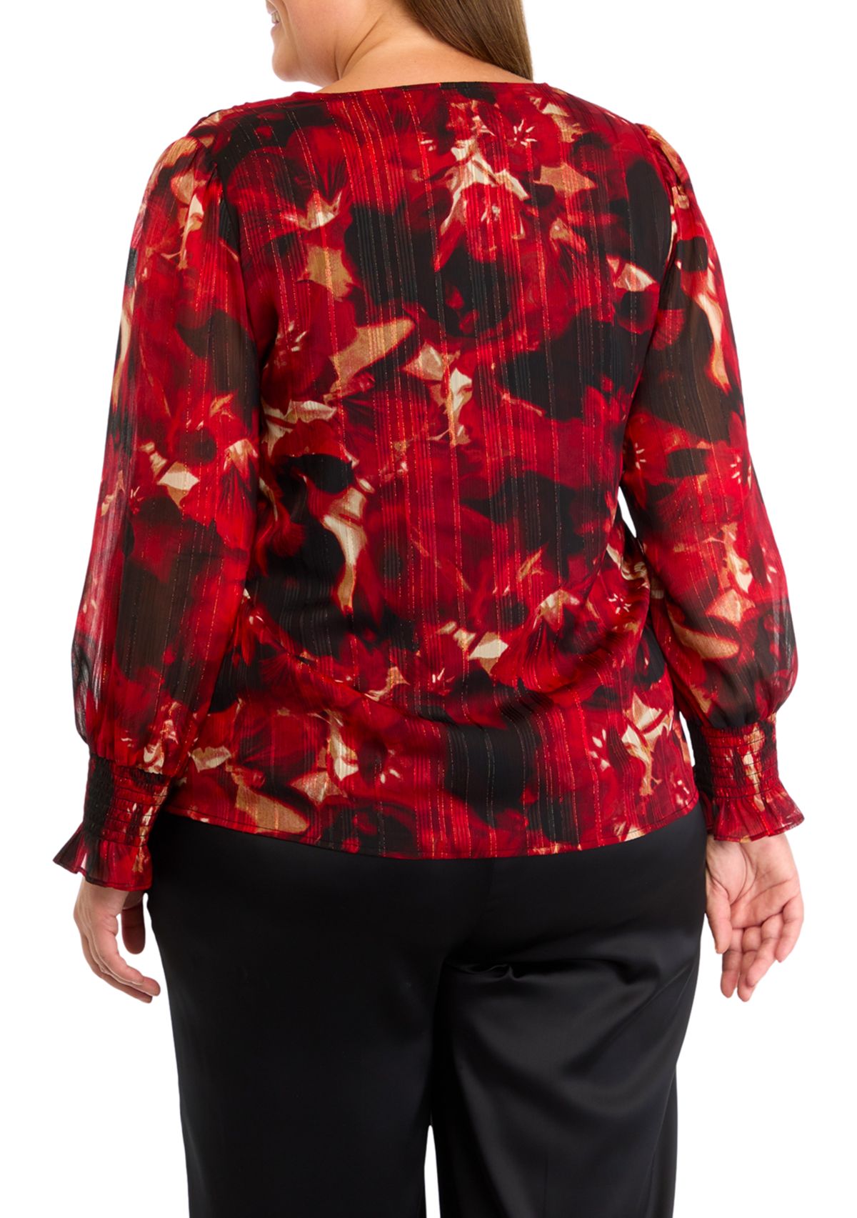 Plus Size Long Sleeve V-Neck Smocked Blouse