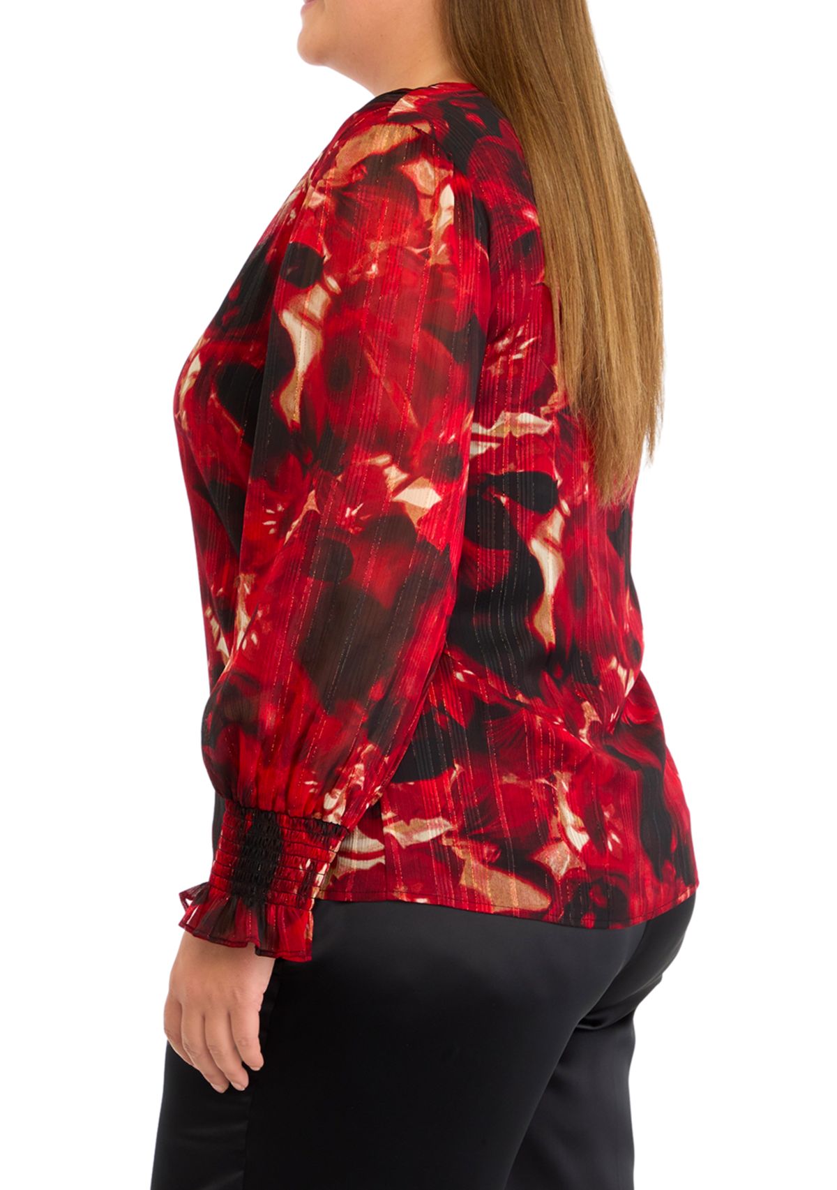 Plus Size Long Sleeve V-Neck Smocked Blouse
