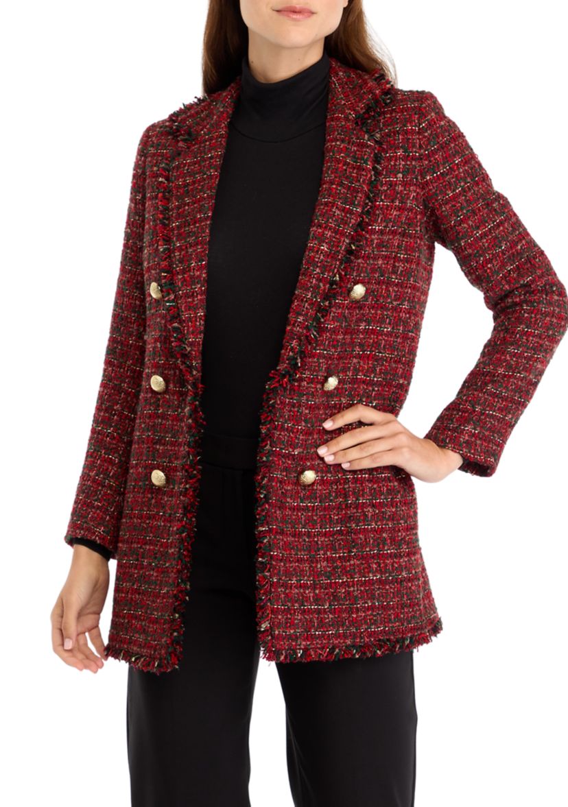 Womens Long Sleeve Faux Double Breasted Tweed Jacket 