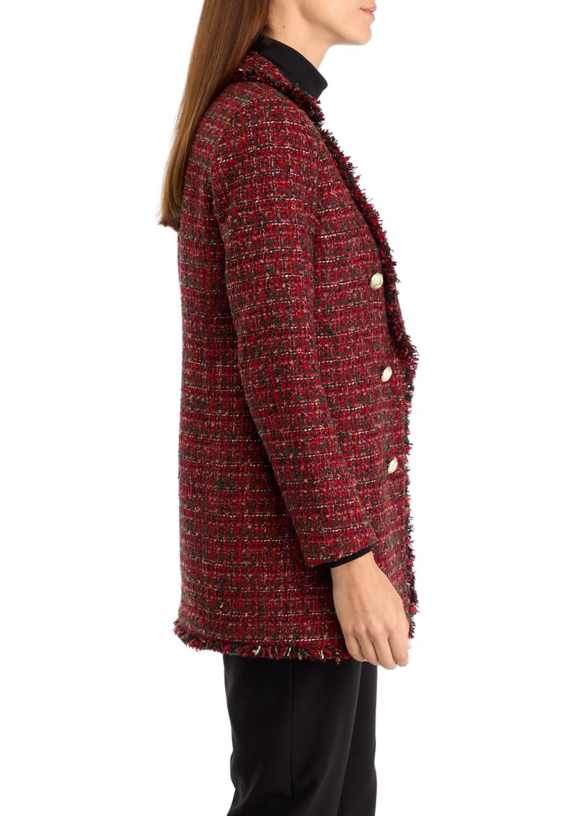 Womens Long Sleeve Faux Double Breasted Tweed Jacket 