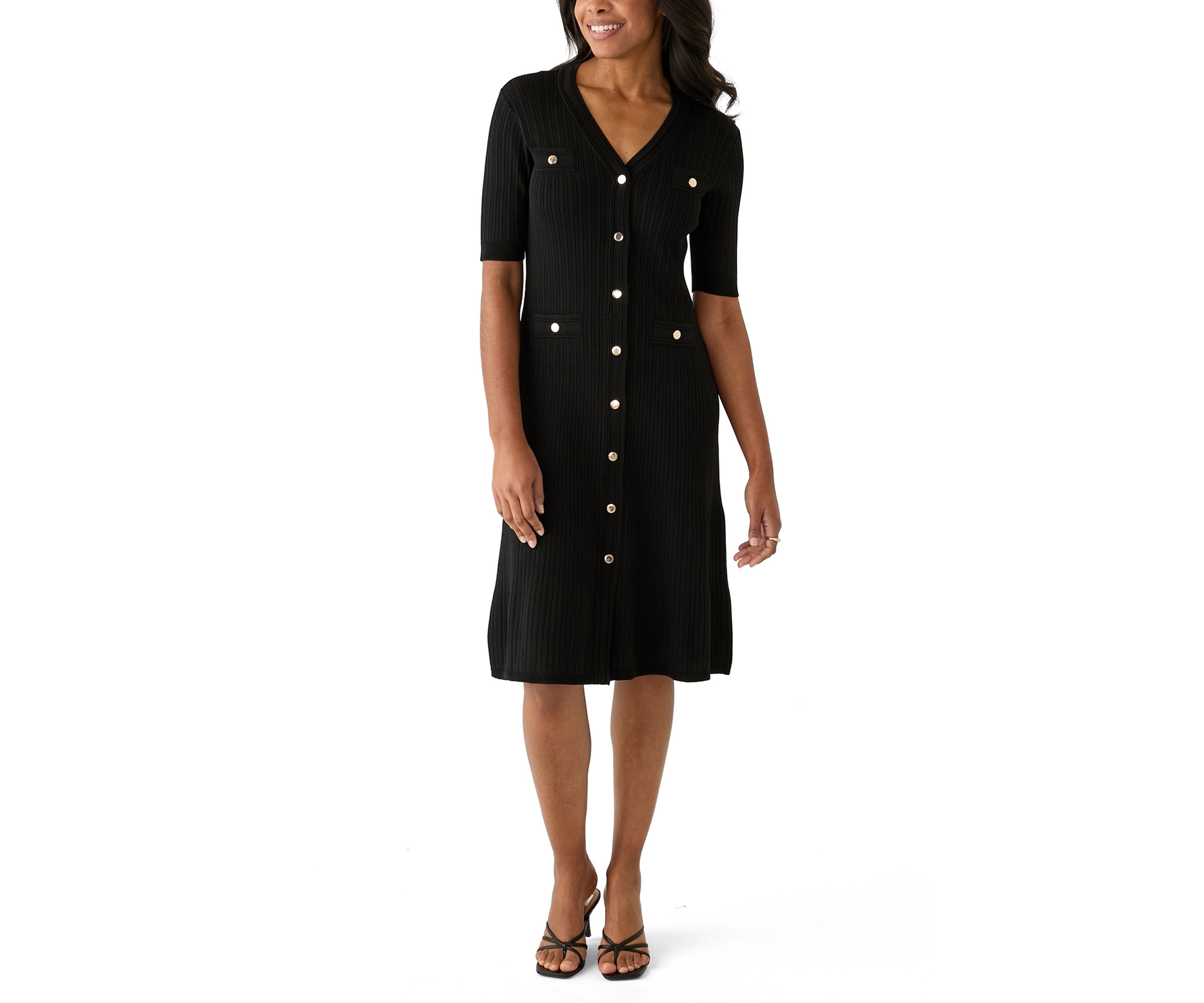 Womens Short Sleeve Ribbed Button Front Dress