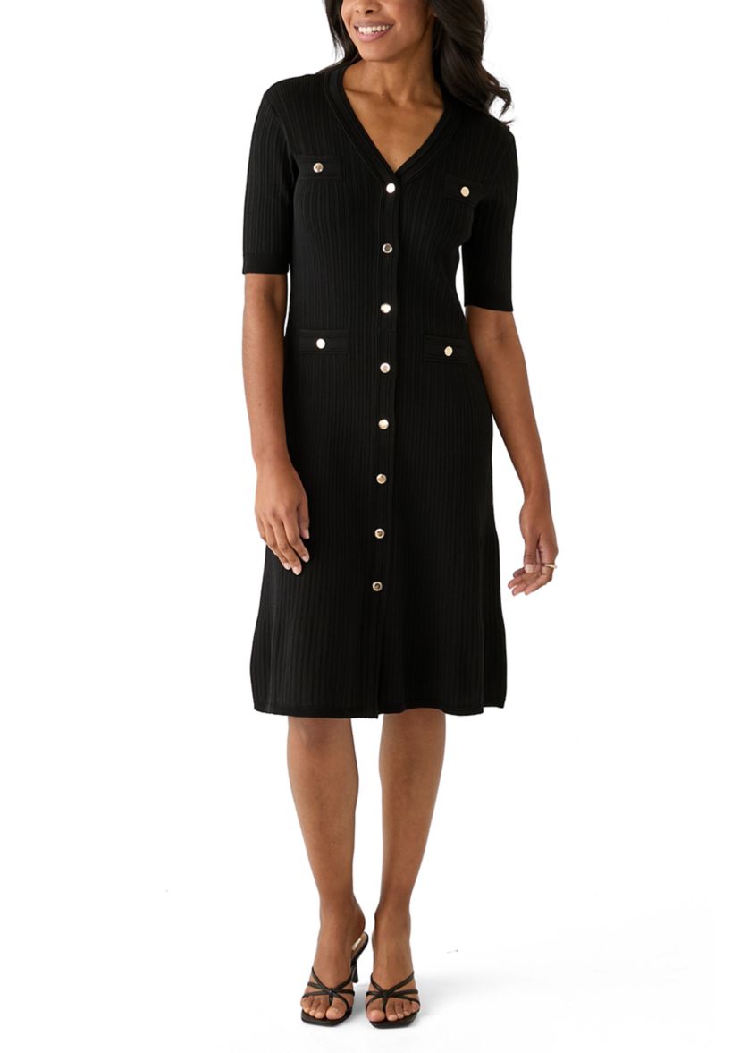 Womens Short Sleeve Ribbed Button Front Dress