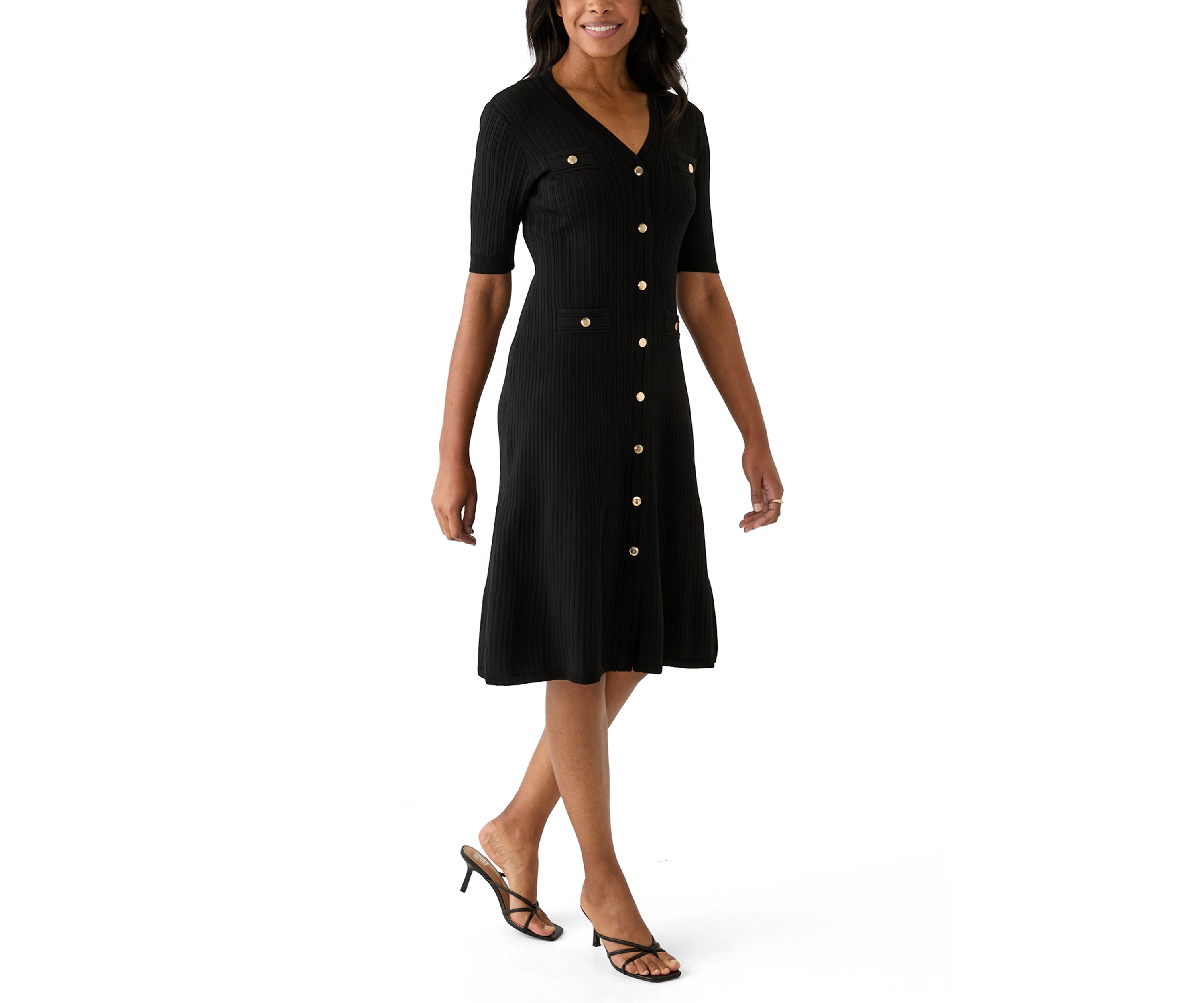 Womens Short Sleeve Ribbed Button Front Dress