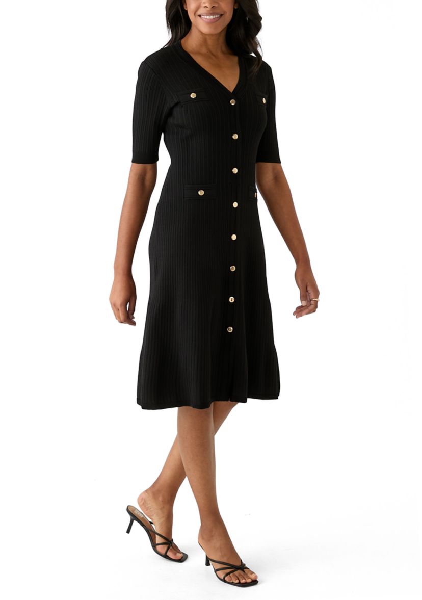 Womens Short Sleeve Ribbed Button Front Dress