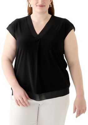 Anne Klein Women's Plus Size Mixed Media Pleated Top, Black, 3X