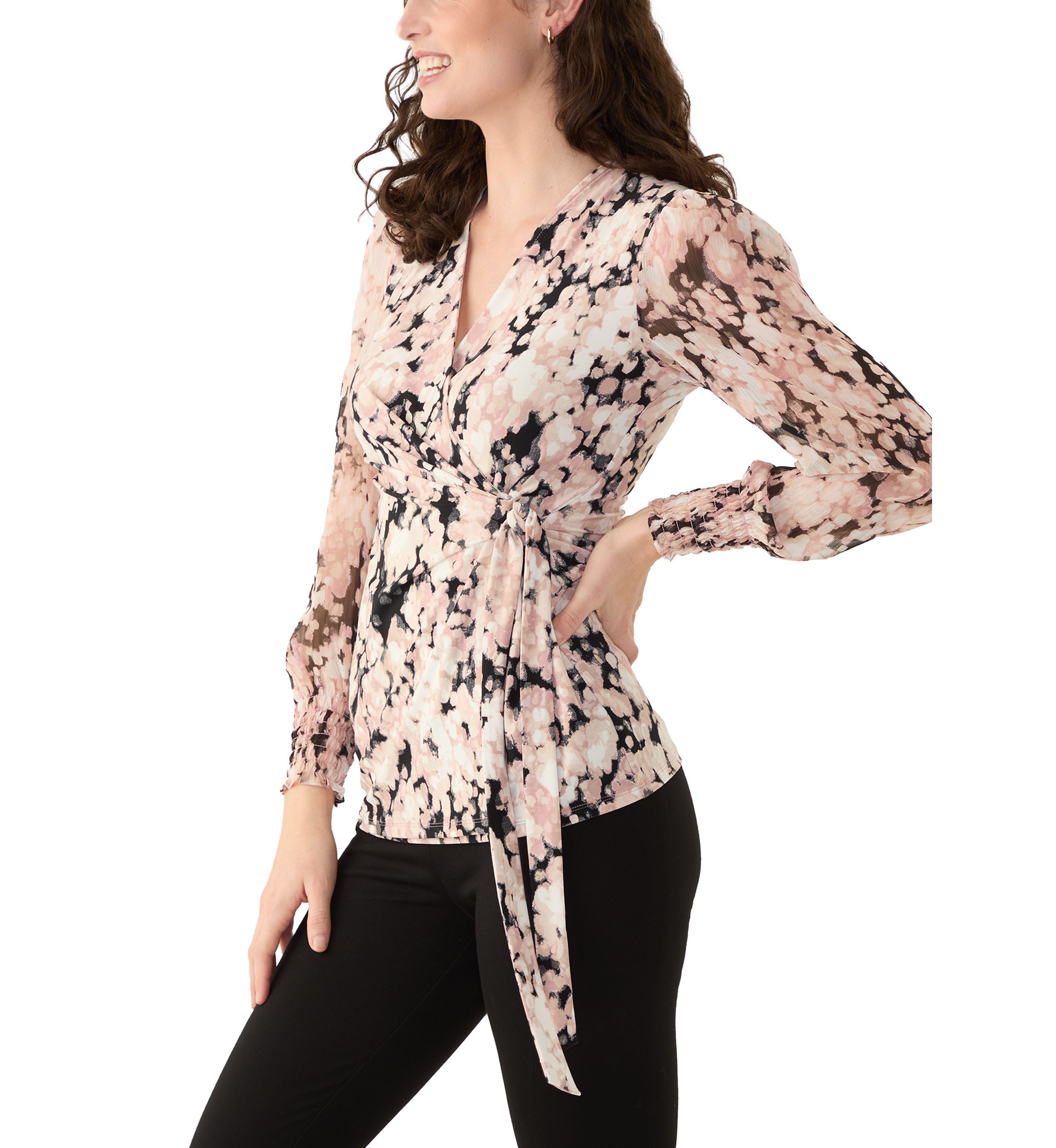 Womens Long Blouson Sleeve Mixed Media Floral Top 