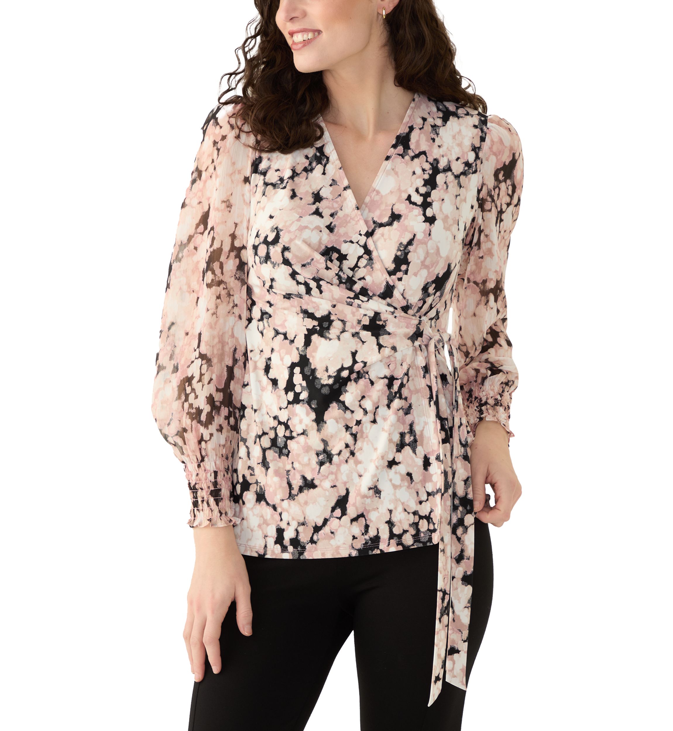 Petite Long Sleeve Smocked Wrap Top