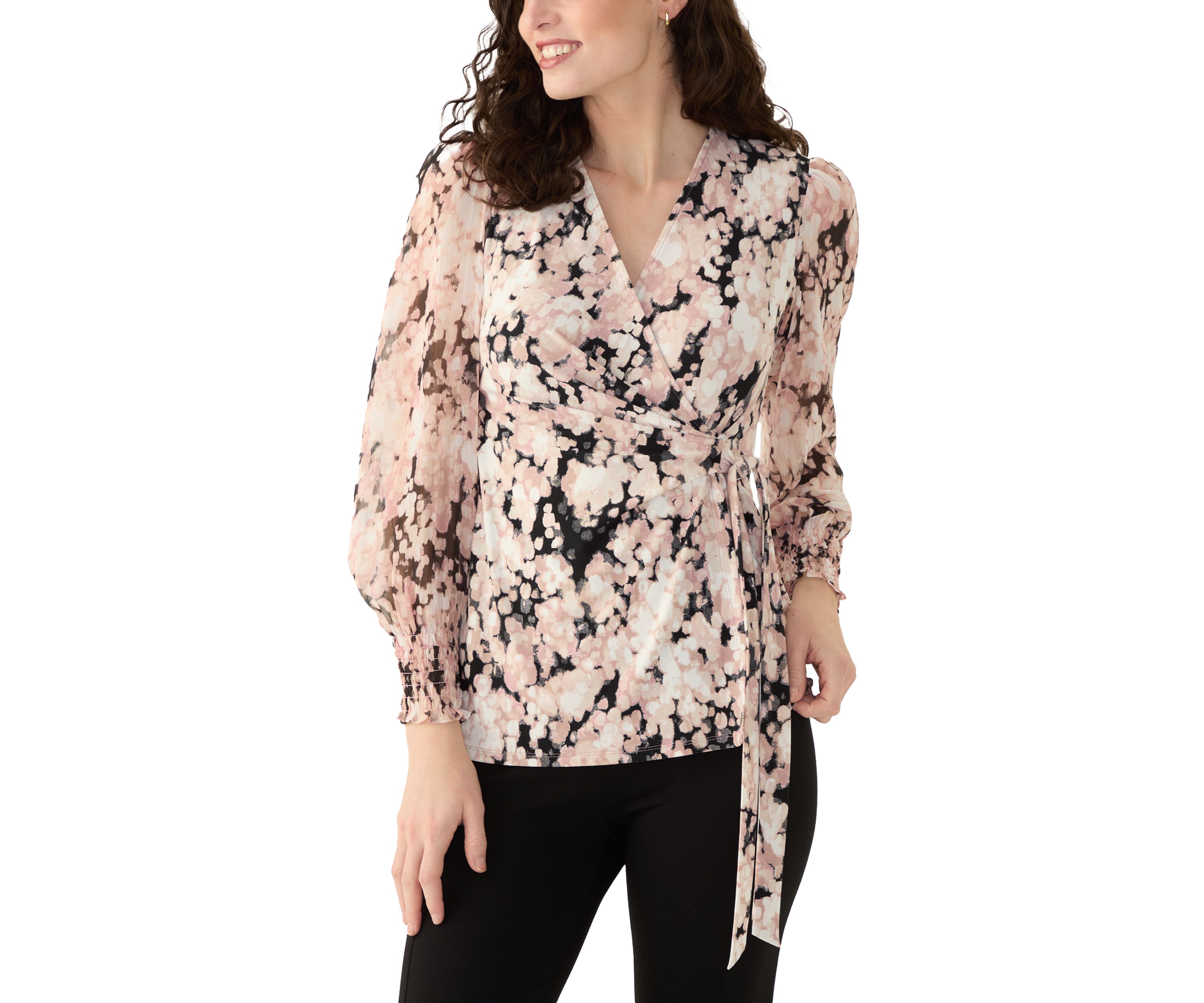 Petite Long Sleeve Smocked Wrap Top